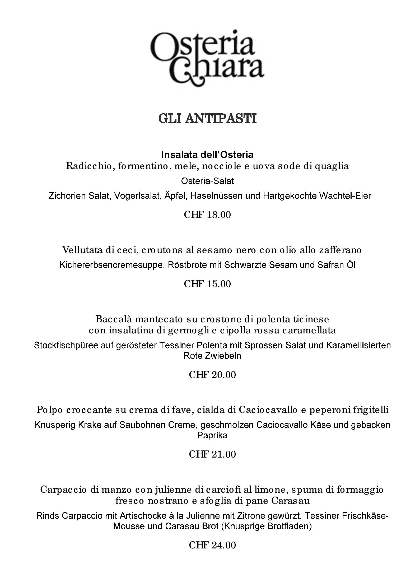 Speisekarte Osteria Chiara in Locarno, Seite 1