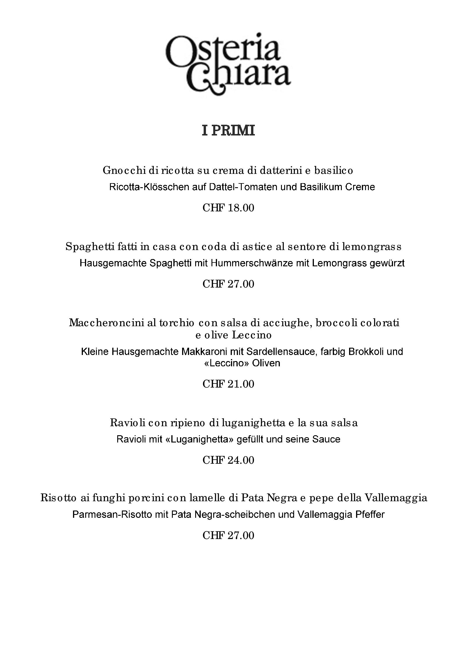 Speisekarte Osteria Chiara in Locarno, Seite 2