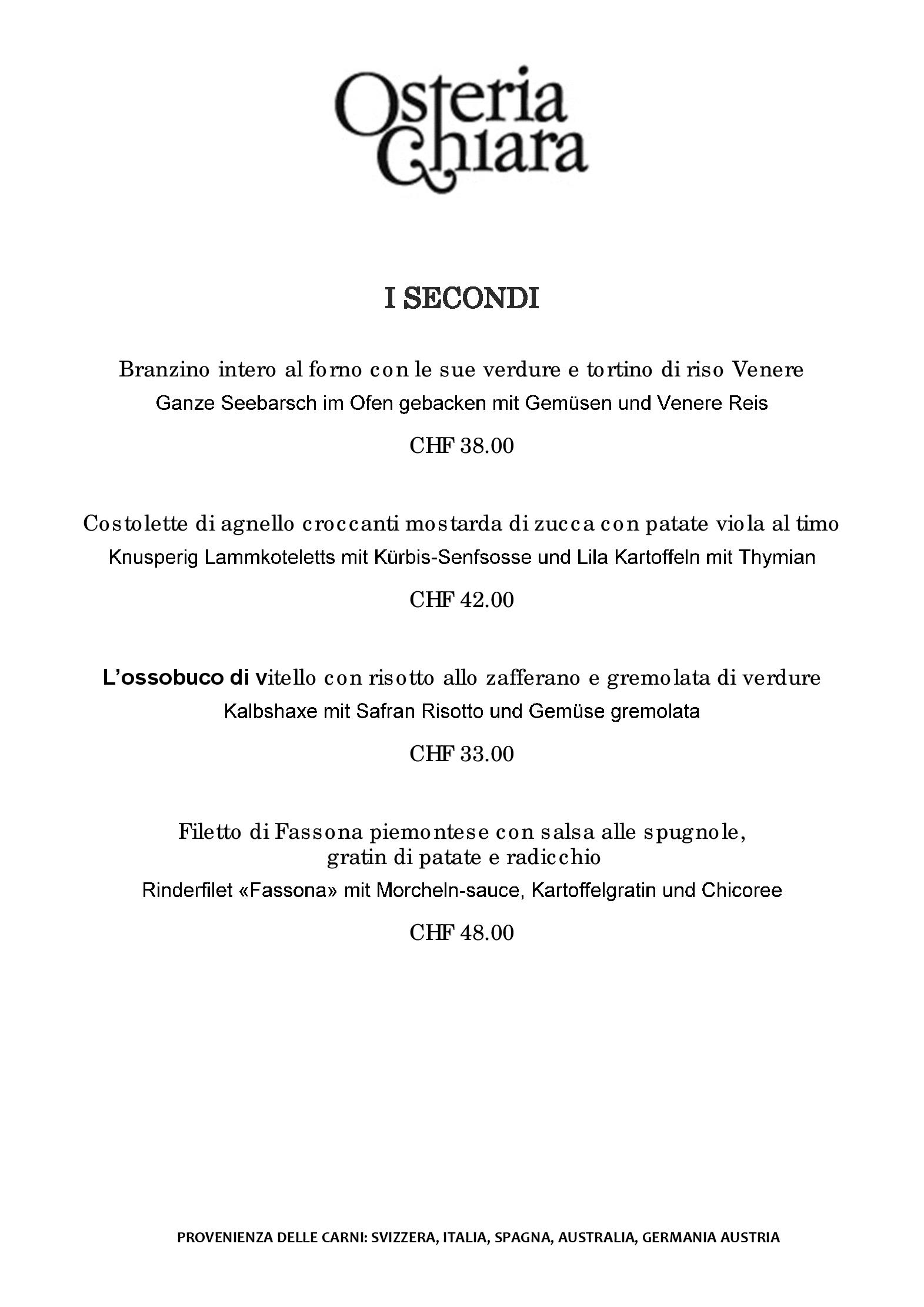 Speisekarte Osteria Chiara in Locarno, Seite 3