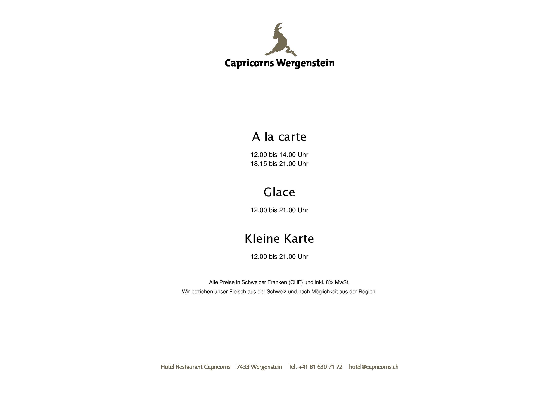 Speisekarte Capricorns in Wergenstein, Seite 1
