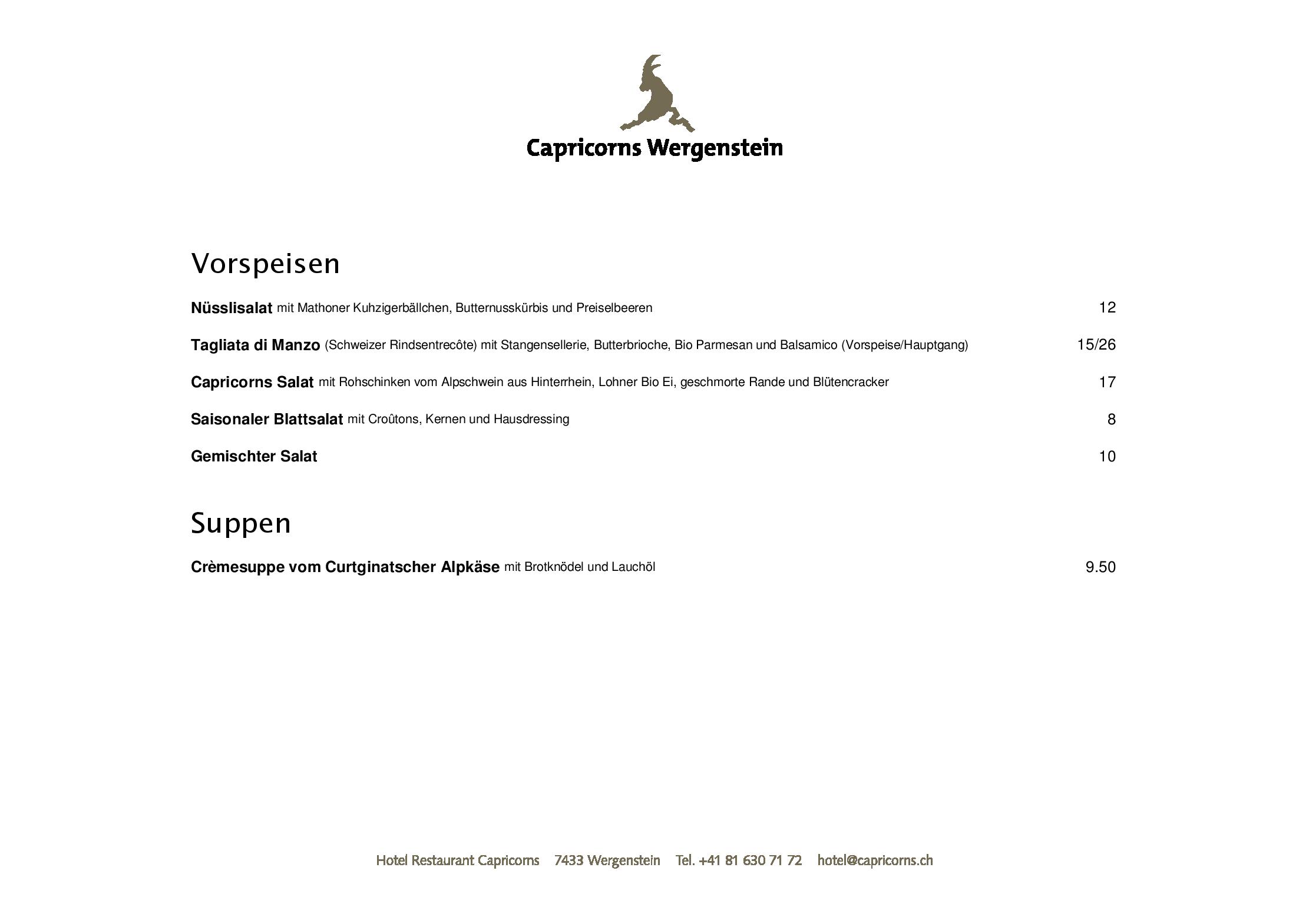 Speisekarte Capricorns in Wergenstein, Seite 2