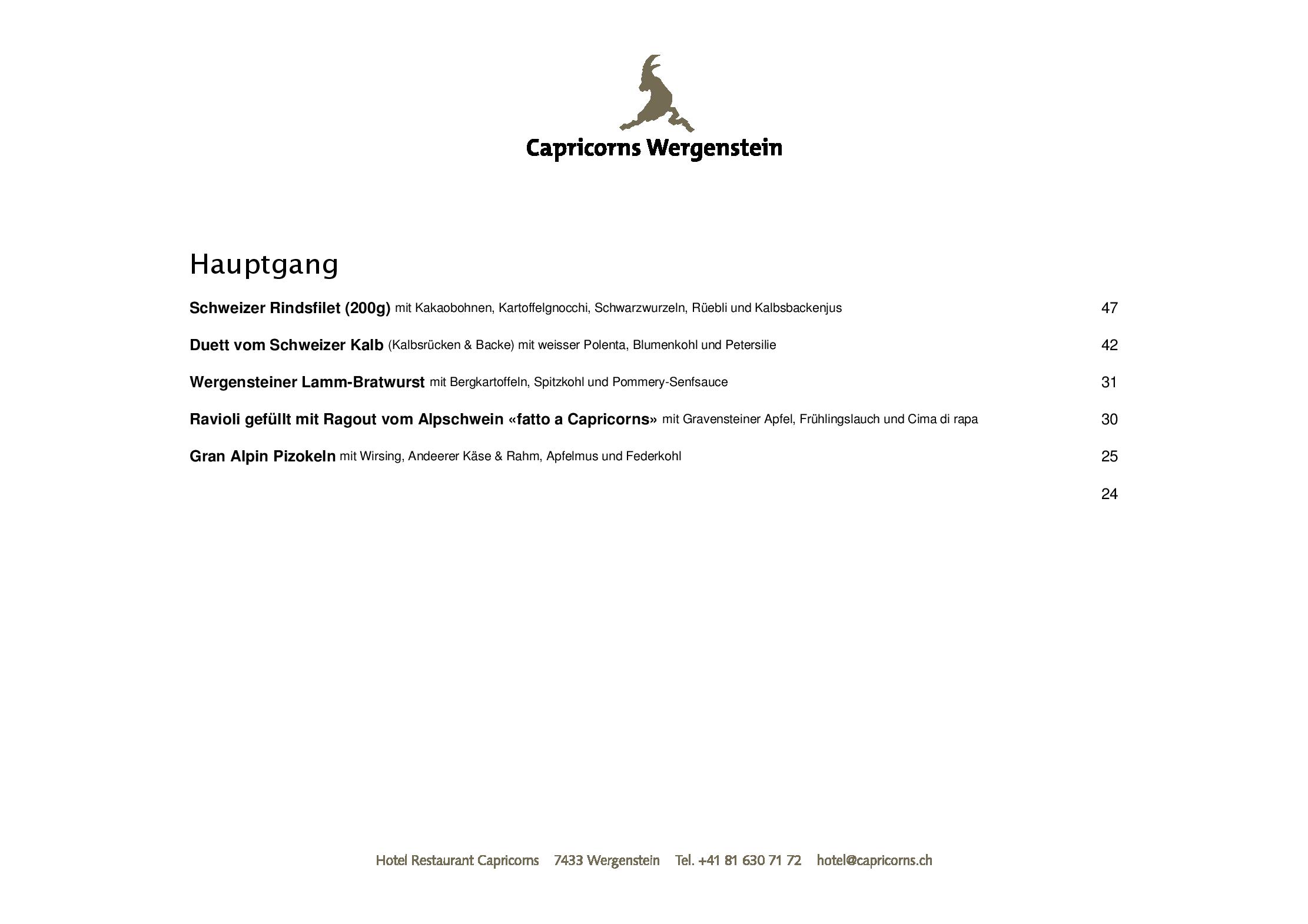 Speisekarte Capricorns in Wergenstein, Seite 3
