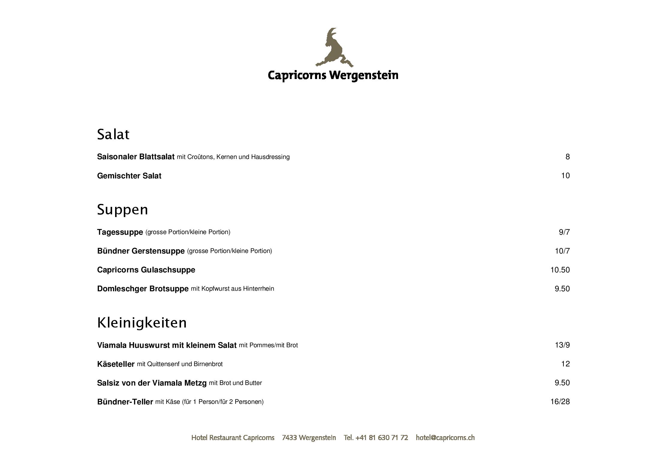Speisekarte Capricorns in Wergenstein, Seite 6