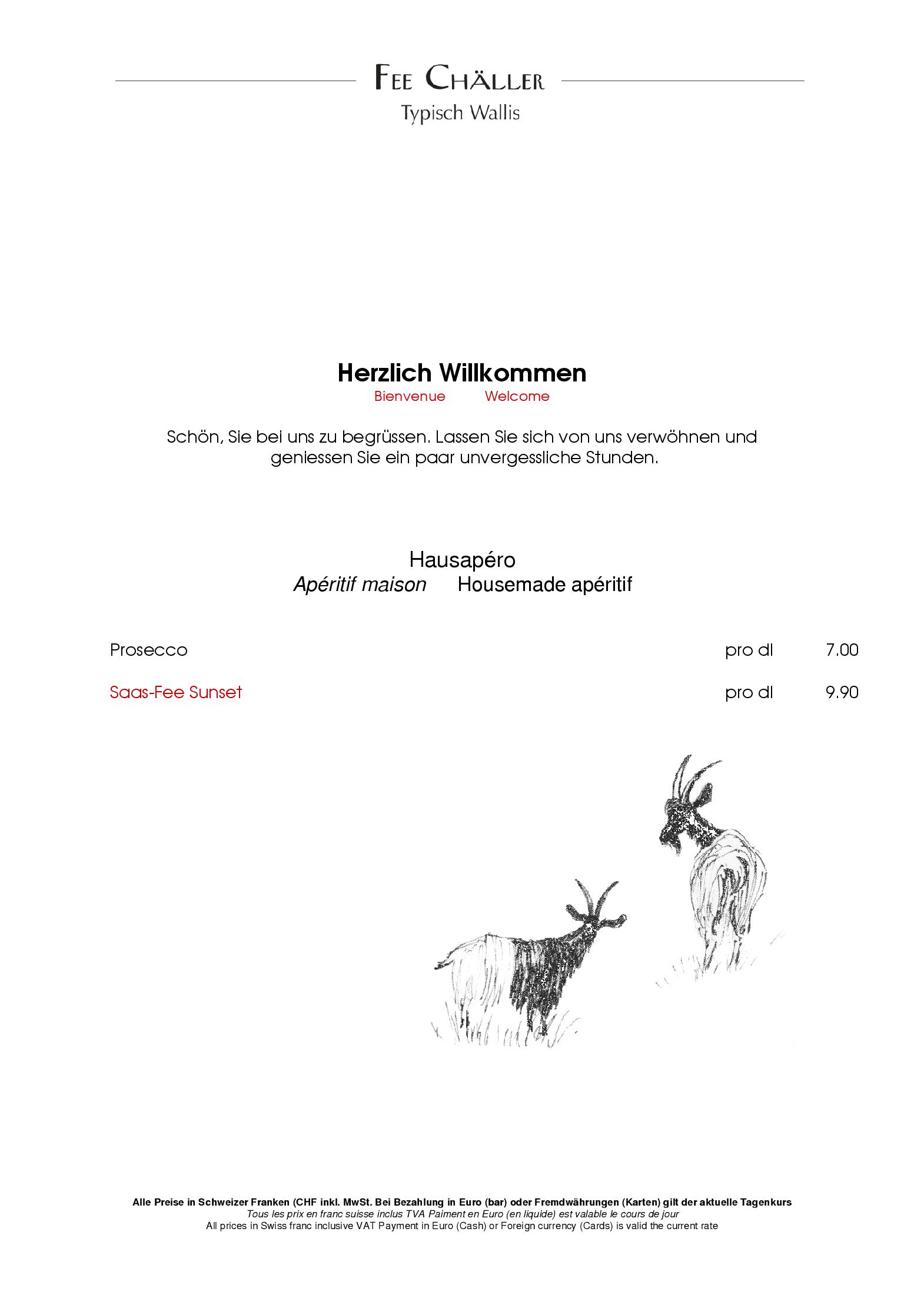 Speisekarte Fee-Chäller in Saas-Fee, Seite 1