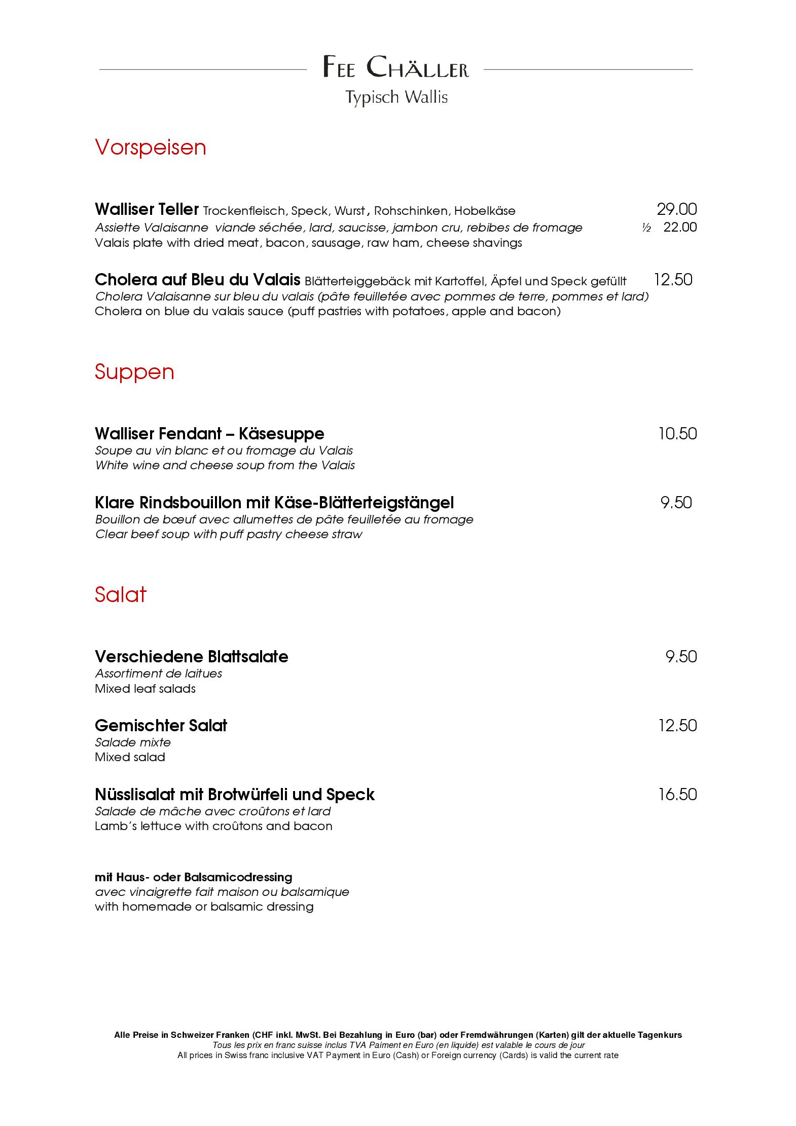Speisekarte Fee-Chäller in Saas-Fee, Seite 2