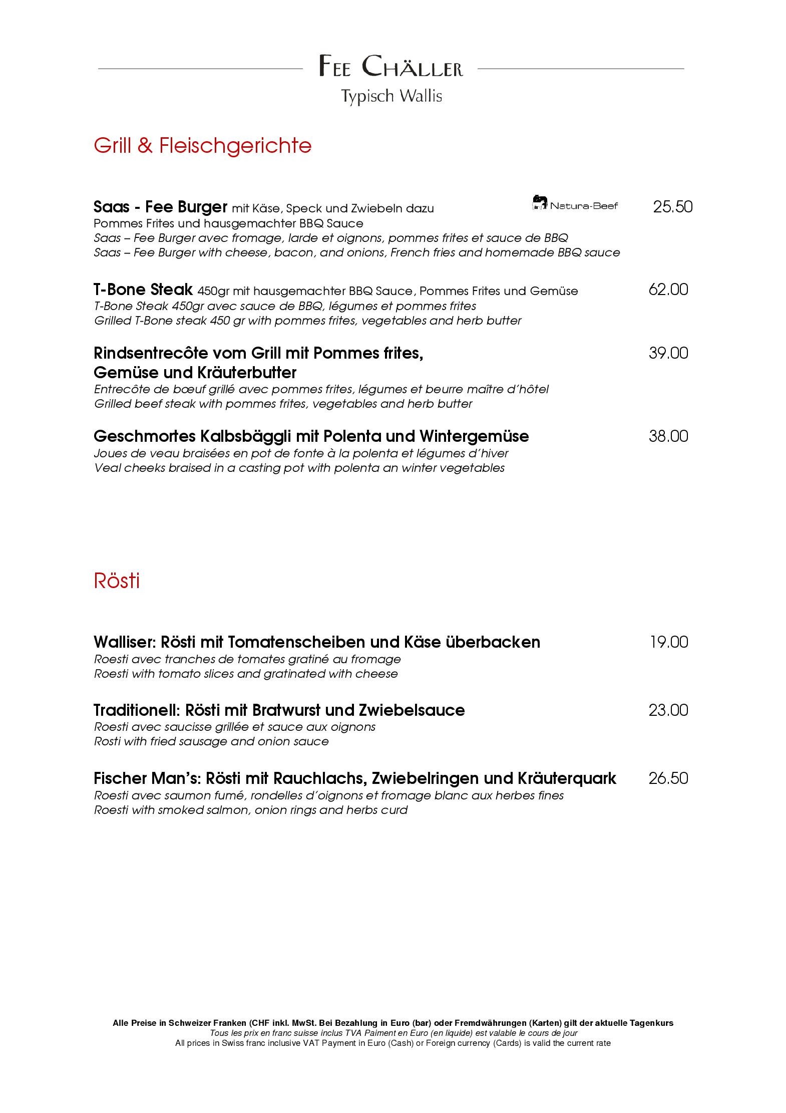 Speisekarte Fee-Chäller in Saas-Fee, Seite 4