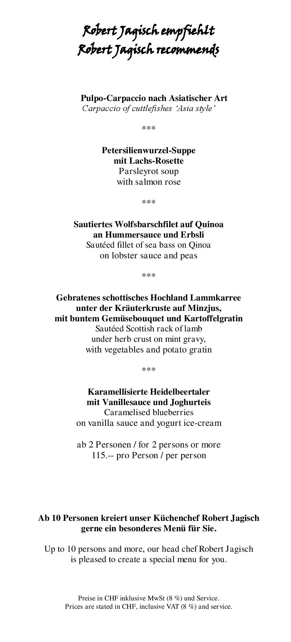 Speisekarte Chasellas Suvretta in St. Moritz, Seite 1