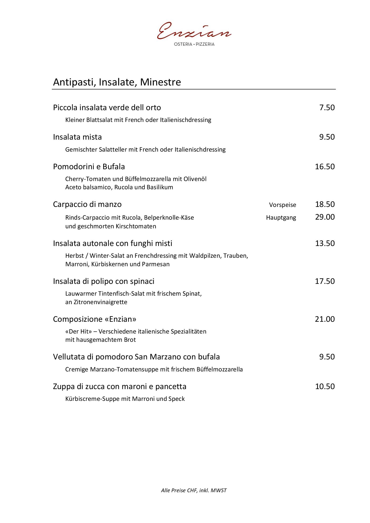 Speisekarte Osteria Pizzeria Enzian in Horw, Seite 3