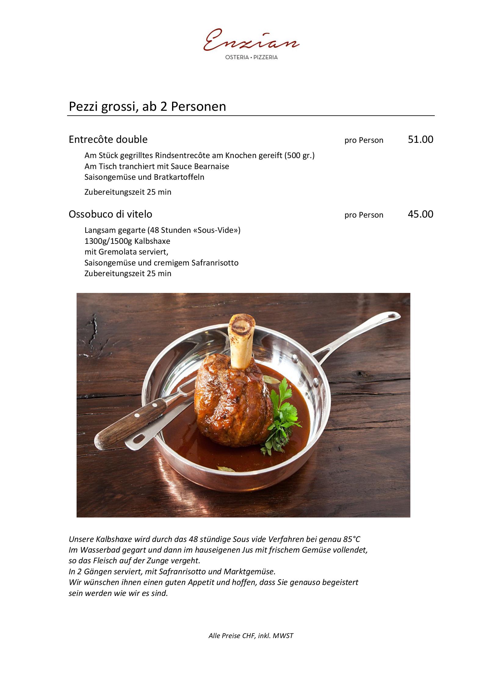 Speisekarte Osteria Pizzeria Enzian in Horw, Seite 1