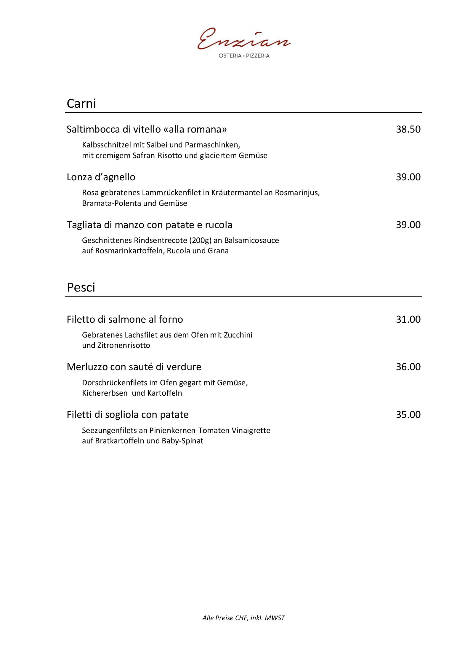 Speisekarte Osteria Pizzeria Enzian in Horw, Seite 5