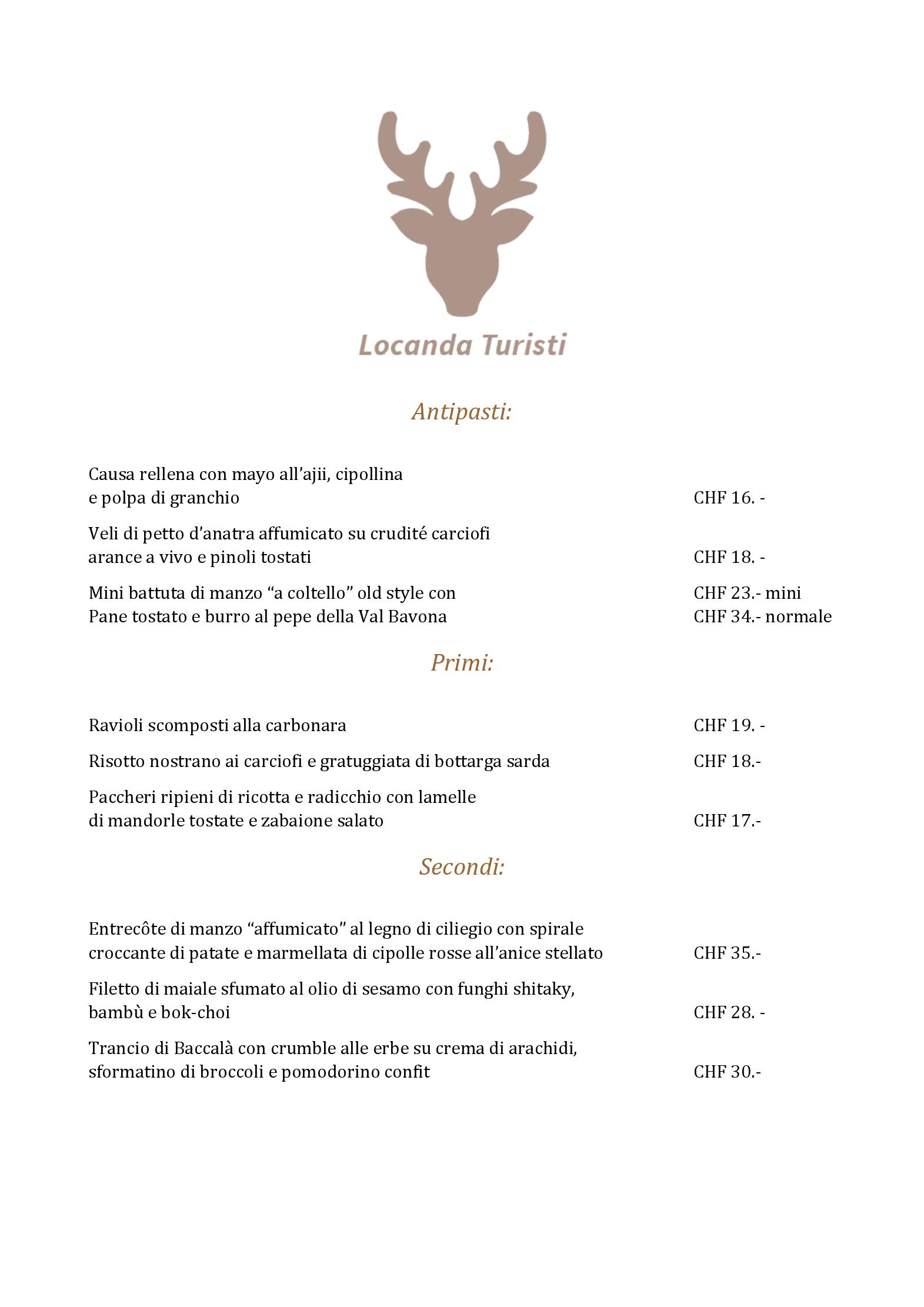 Speisekarte Locanda Turisti in Bignasco, Seite 1