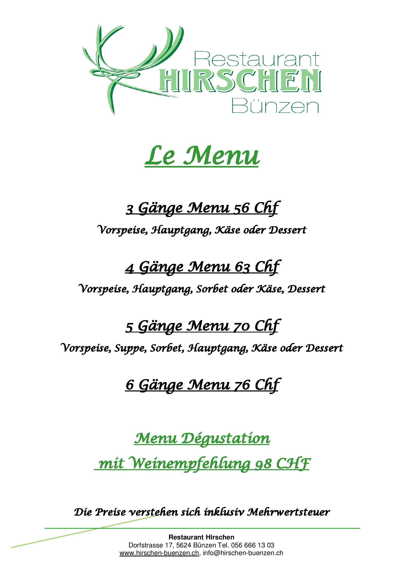 Speisekarte Restaurant Hirschen in Bunzen, Seite 2