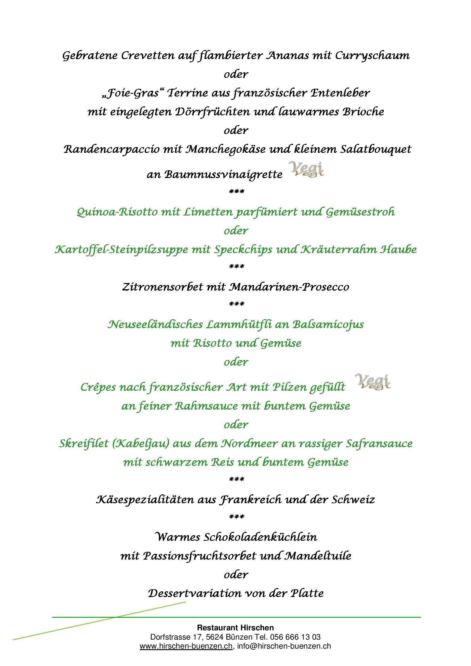 Speisekarte Restaurant Hirschen in Bunzen, Seite 1