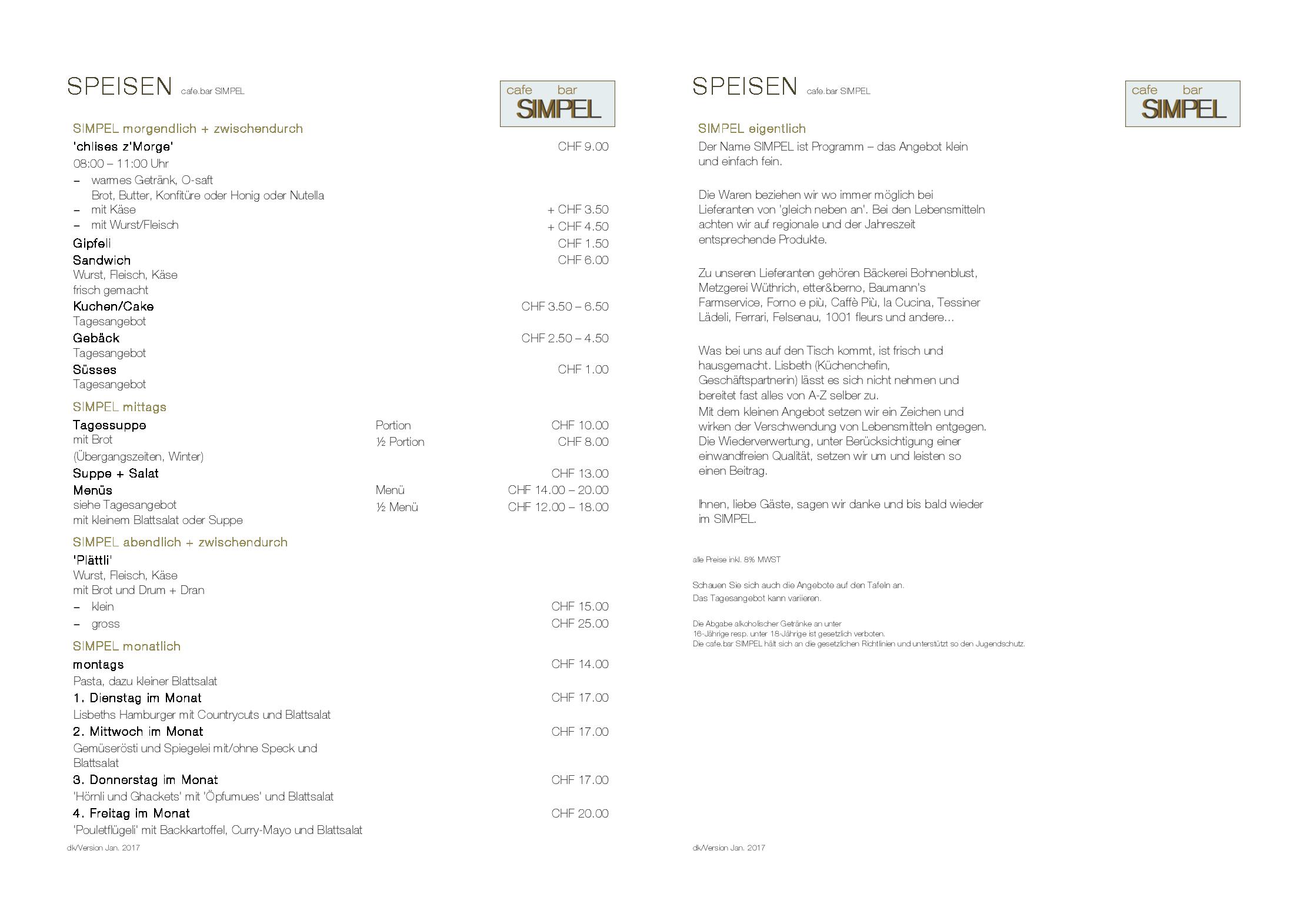 Speisekarte cafe.bar SIMPEL in Bern, Seite 1