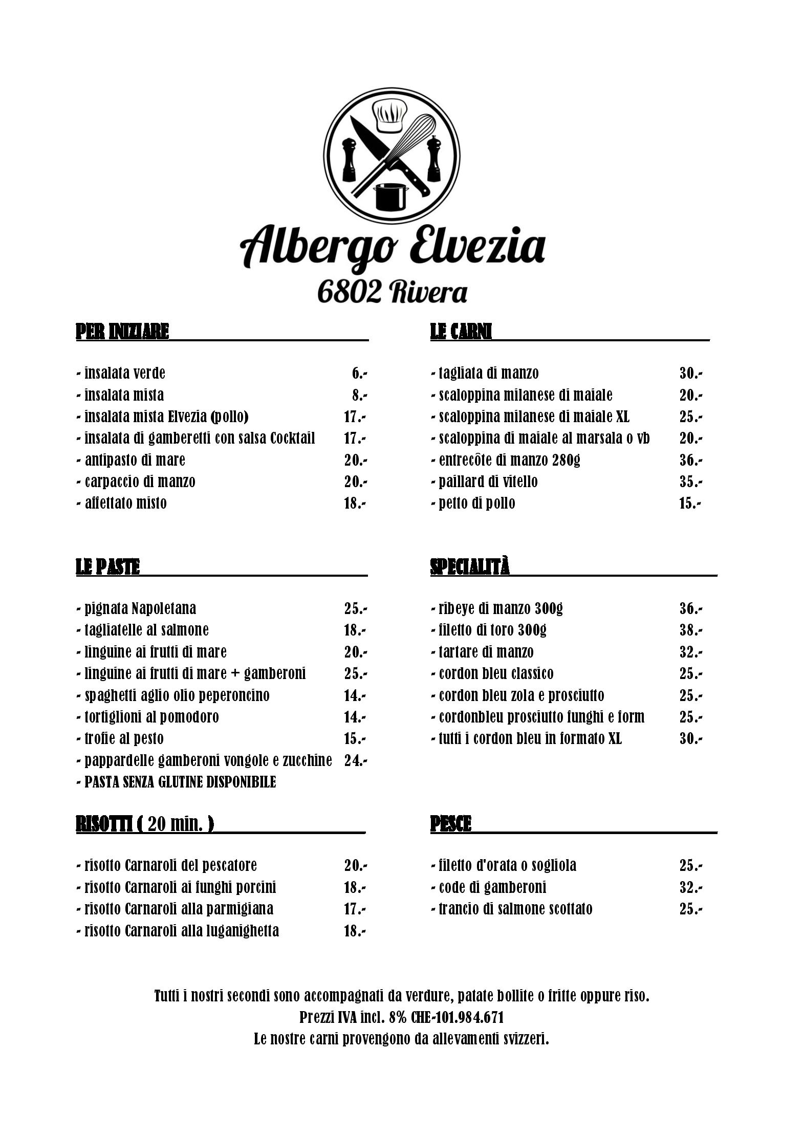 Speisekarte Albergo Elvezia Restaurant in Rivera, Seite 1