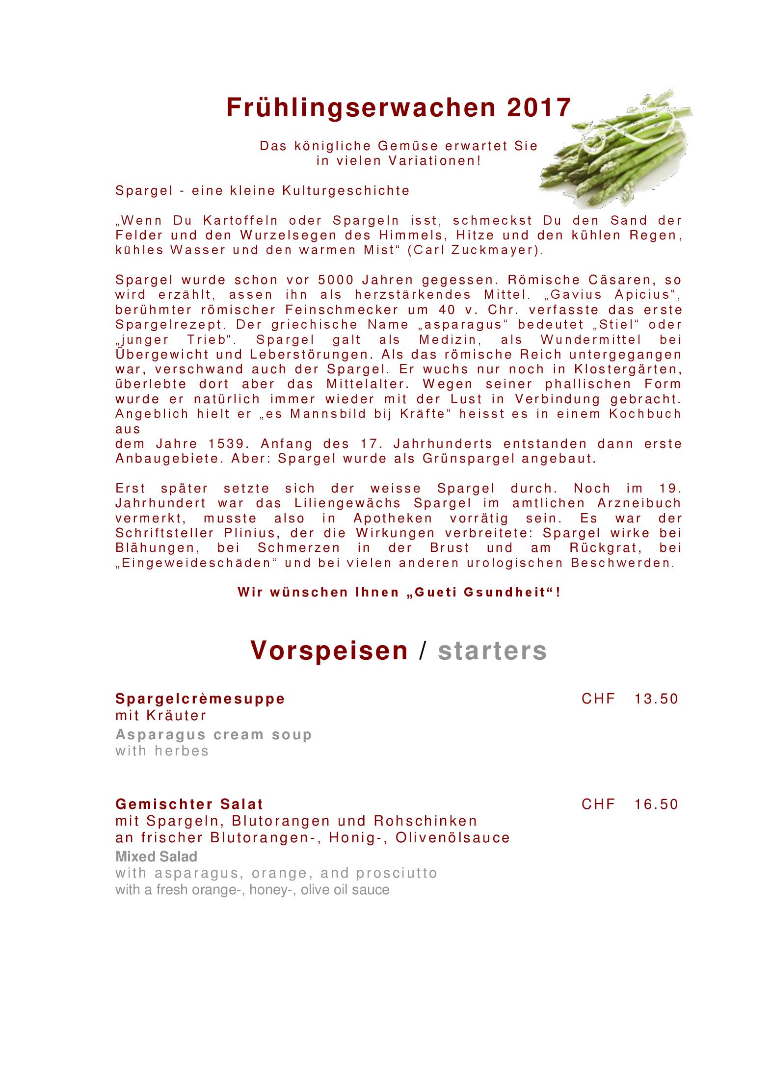 Speisekarte Römerturm in Filzbach, Seite 1
