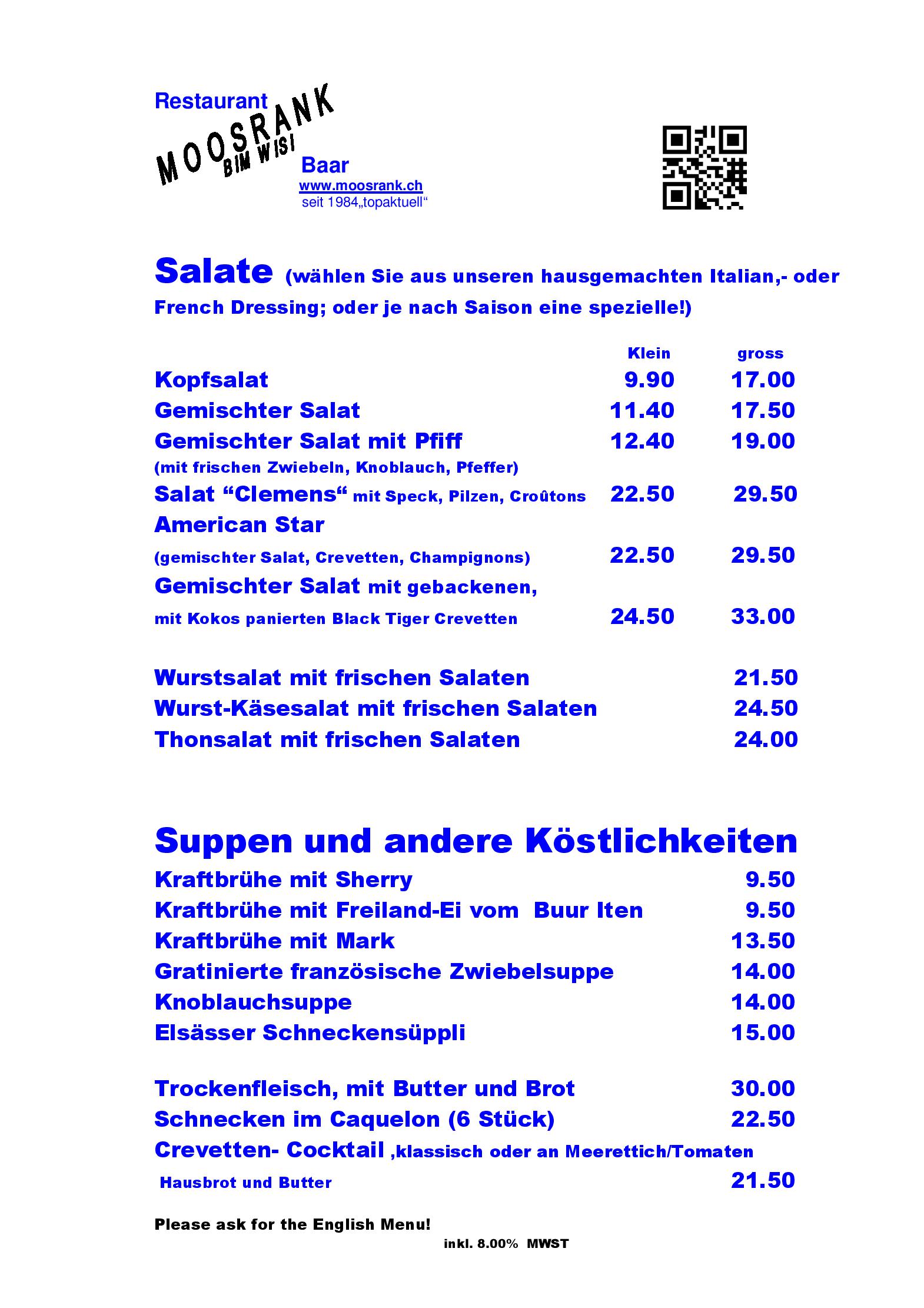 Speisekarte Moosrank in Baar, Seite 1