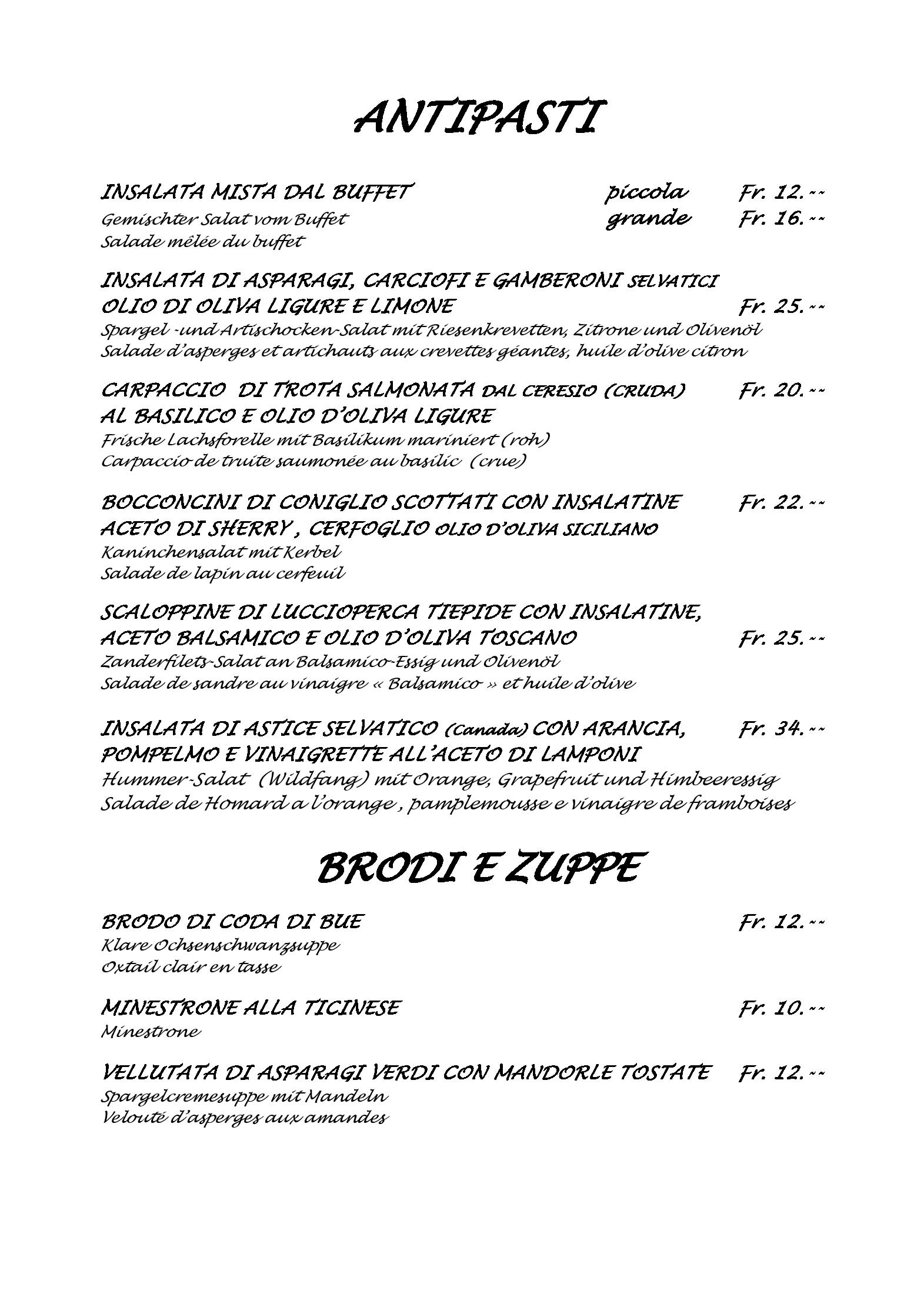 Speisekarte Cacciatori in Cademario, Seite 1