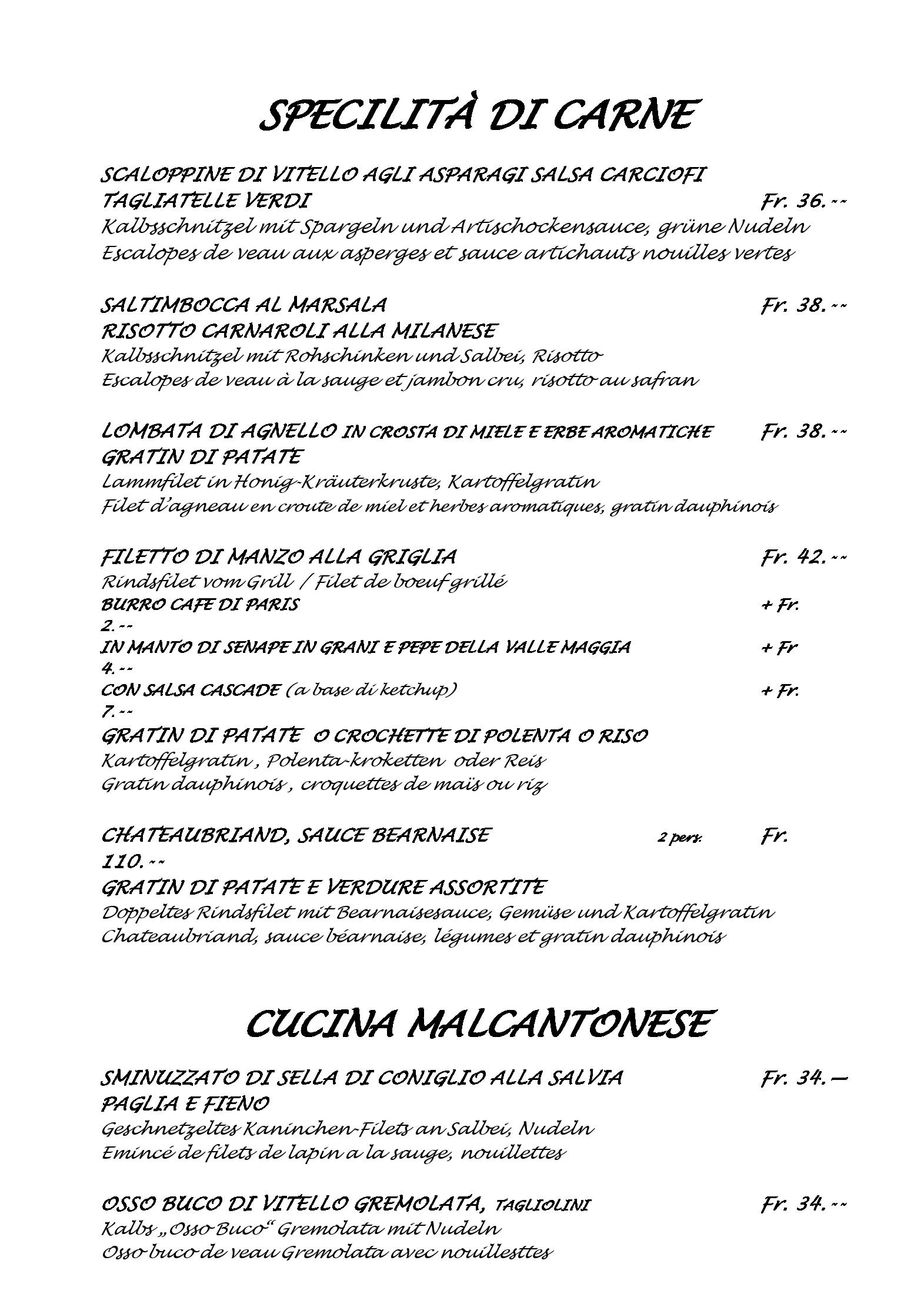 Speisekarte Cacciatori in Cademario, Seite 4