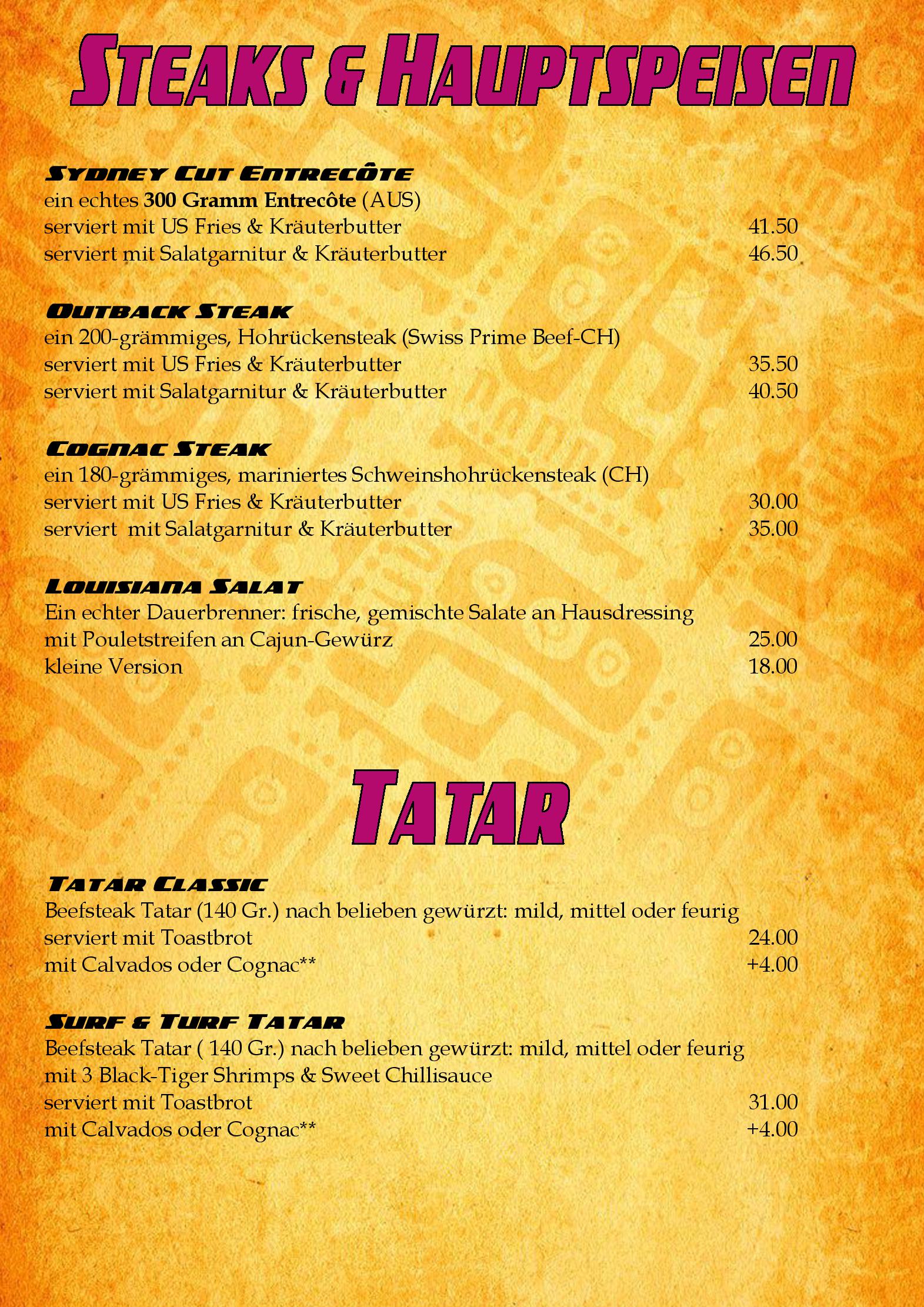 Speisekarte Louisiana Bar & Restaurant in Tagerwilen, Seite 1