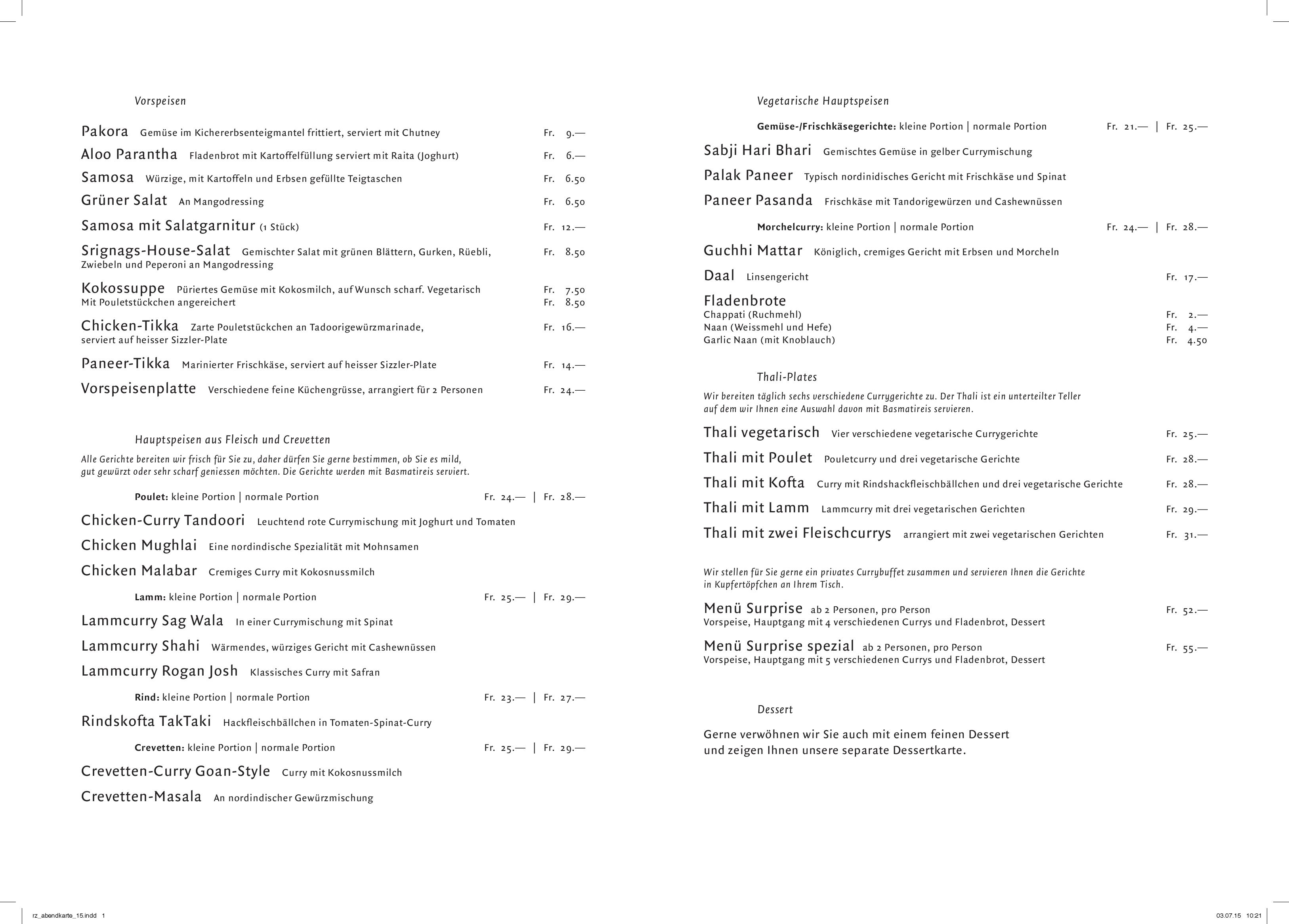 Speisekarte Srignags-Restaurant in Derendingen, Seite 1