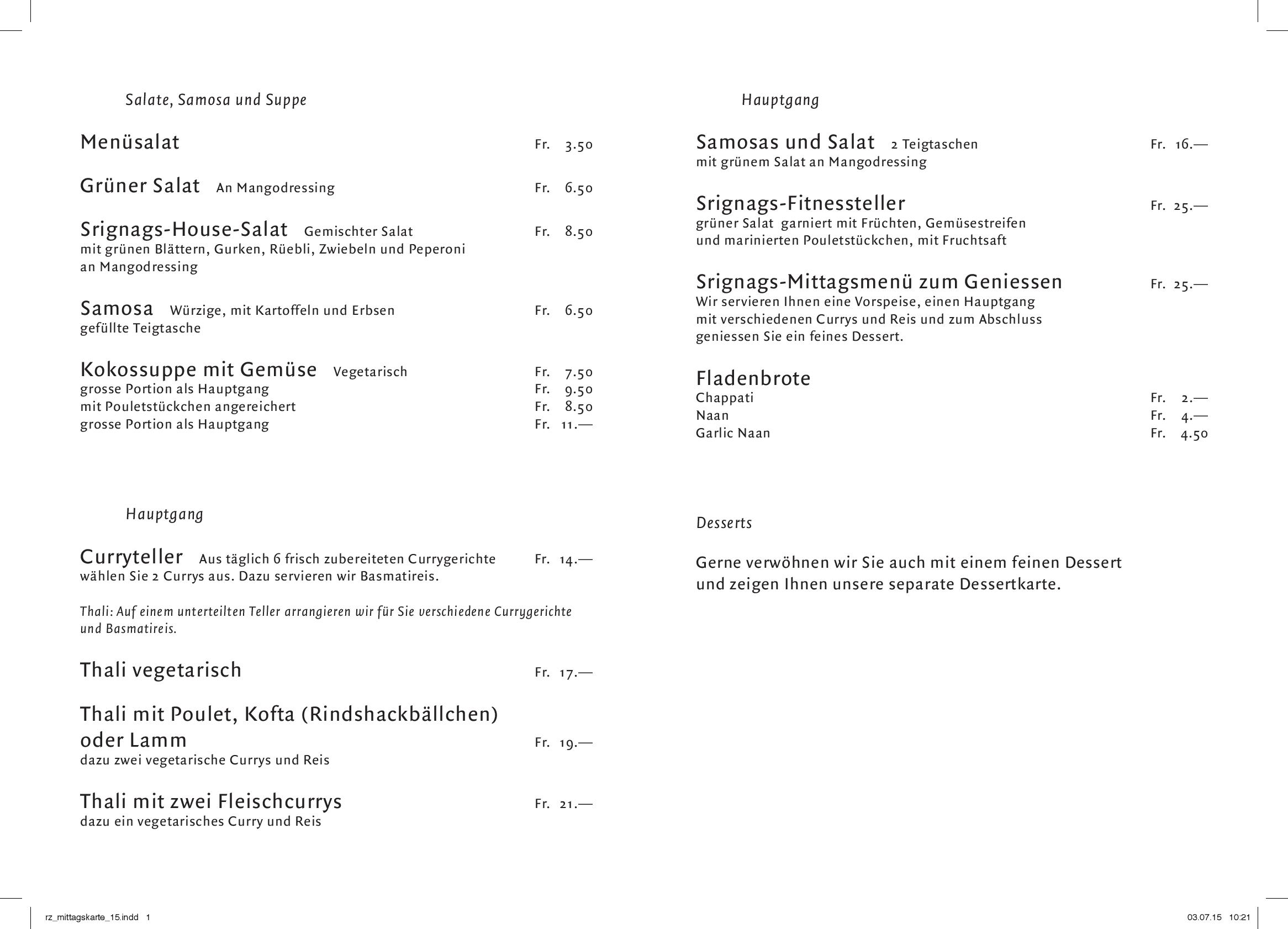 Speisekarte Srignags-Restaurant in Derendingen, Seite 2