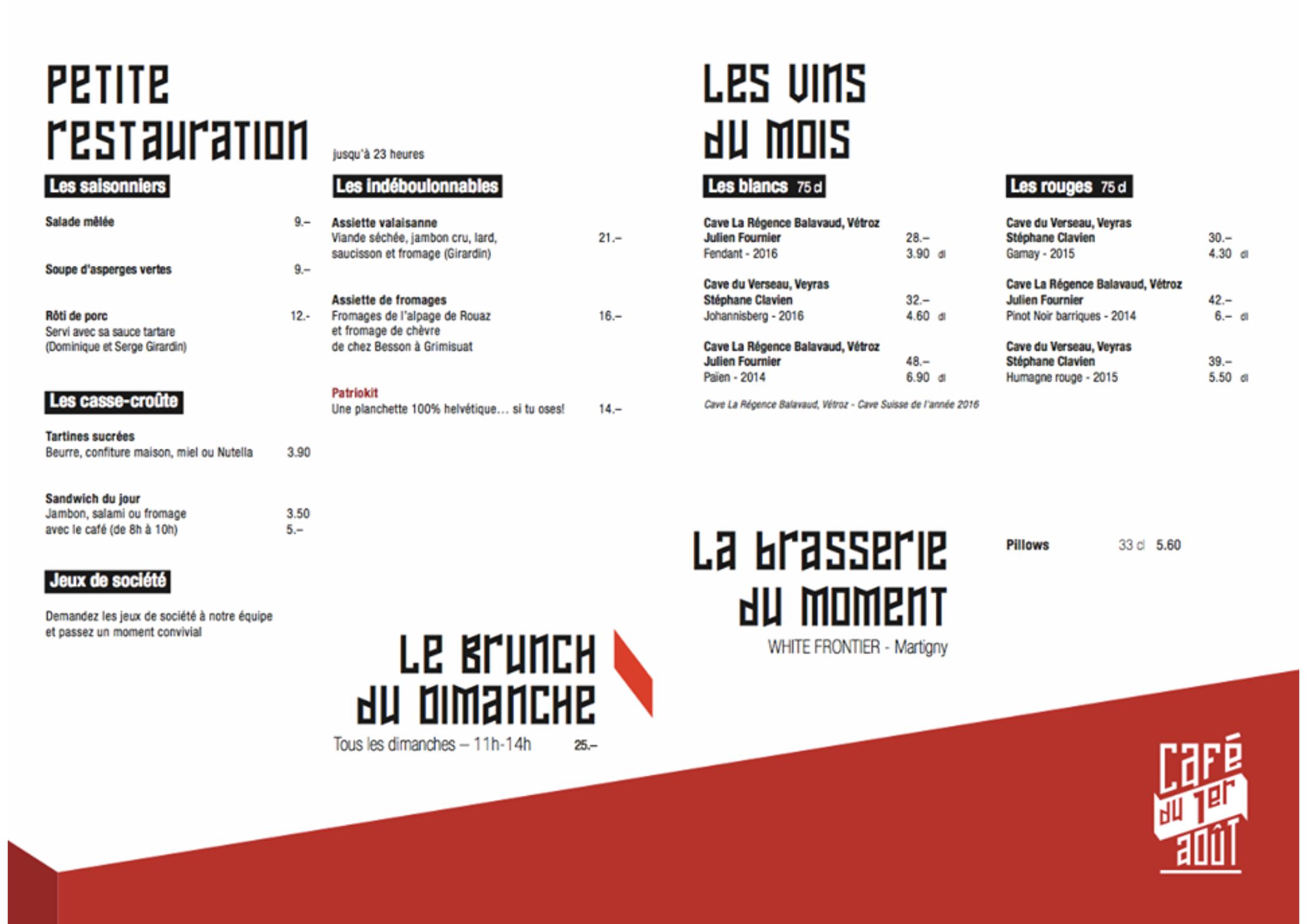Speisekarte Café du 1er Août in Sierre, Seite 1