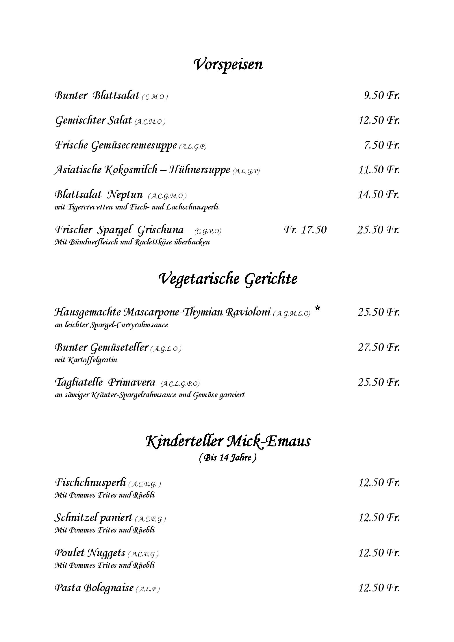 Speisekarte Restaurant Emaus in Zufikon, Seite 2