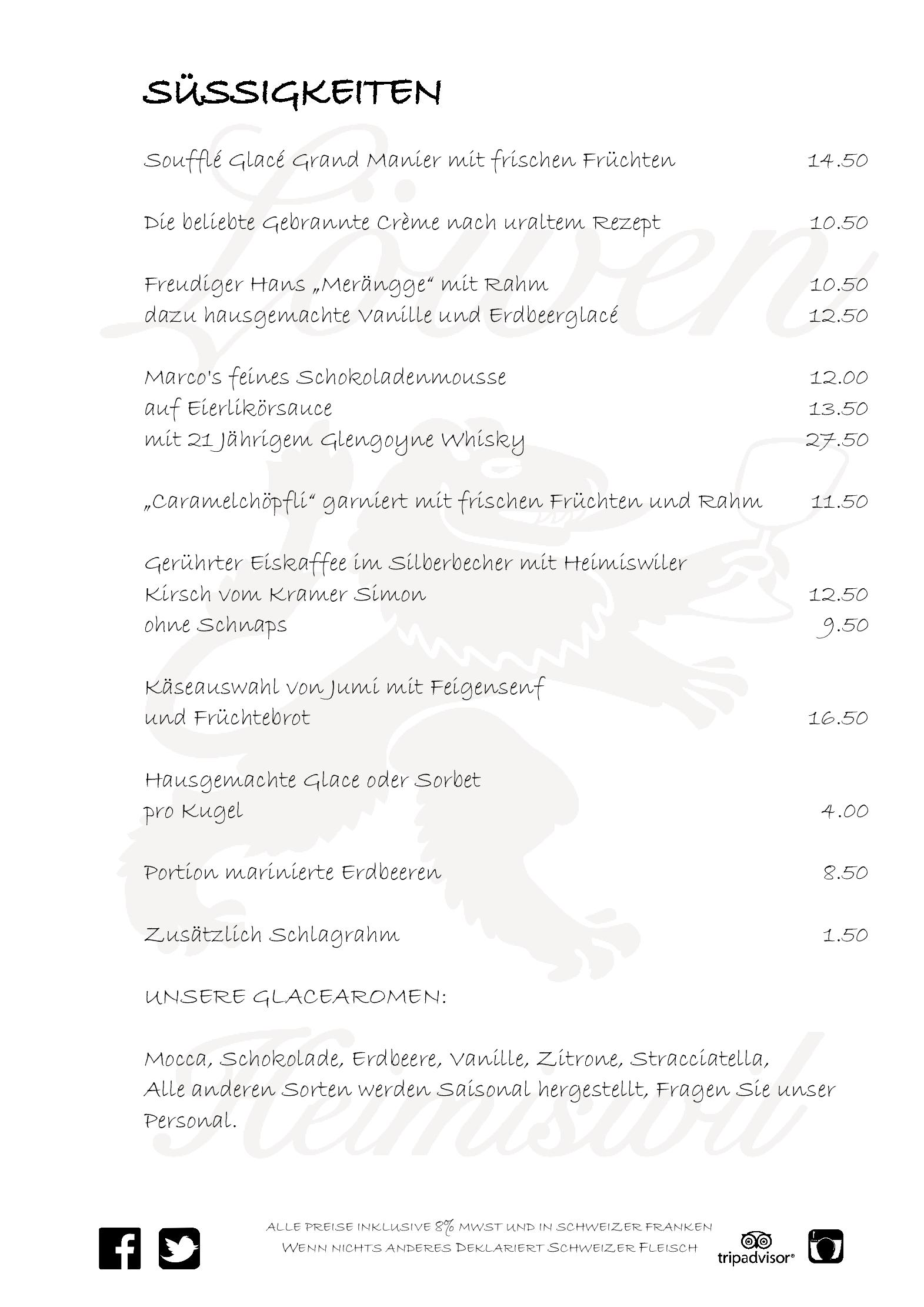 Speisekarte Zum Löwen in Heimiswil, Seite 20