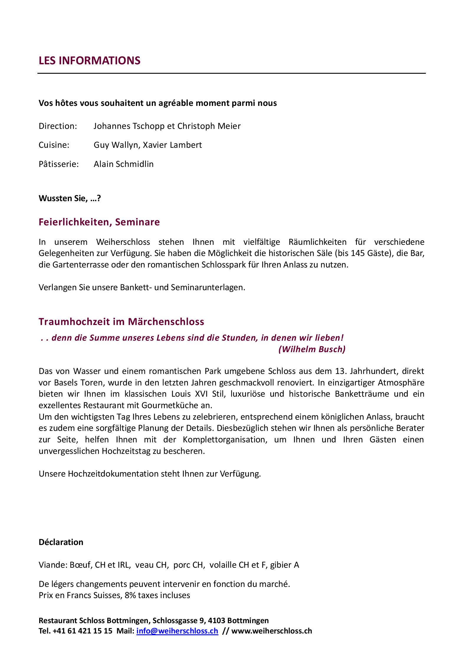 Speisekarte Schloss Bottmingen in Bottmingen, Seite 1