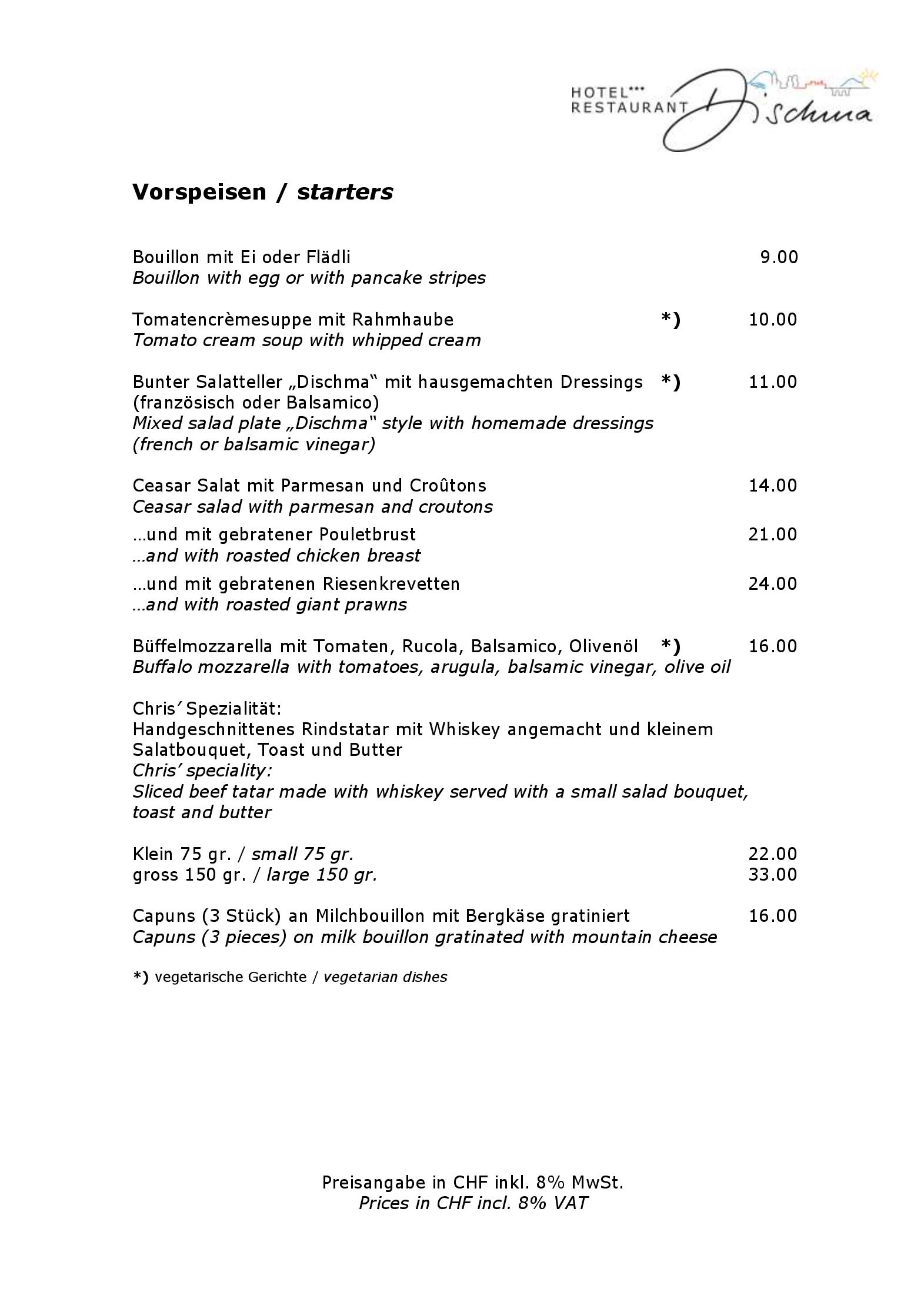 Speisekarte Dischma Restaurant in Davos, Seite 1