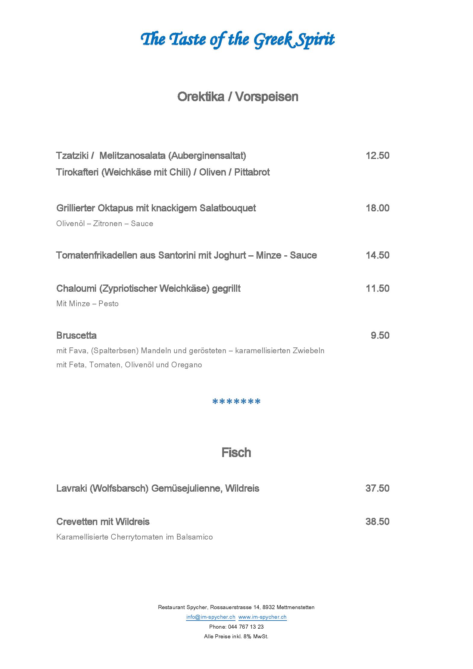 Speisekarte Restaurant Spycher in Mettmenstetten, Seite 7