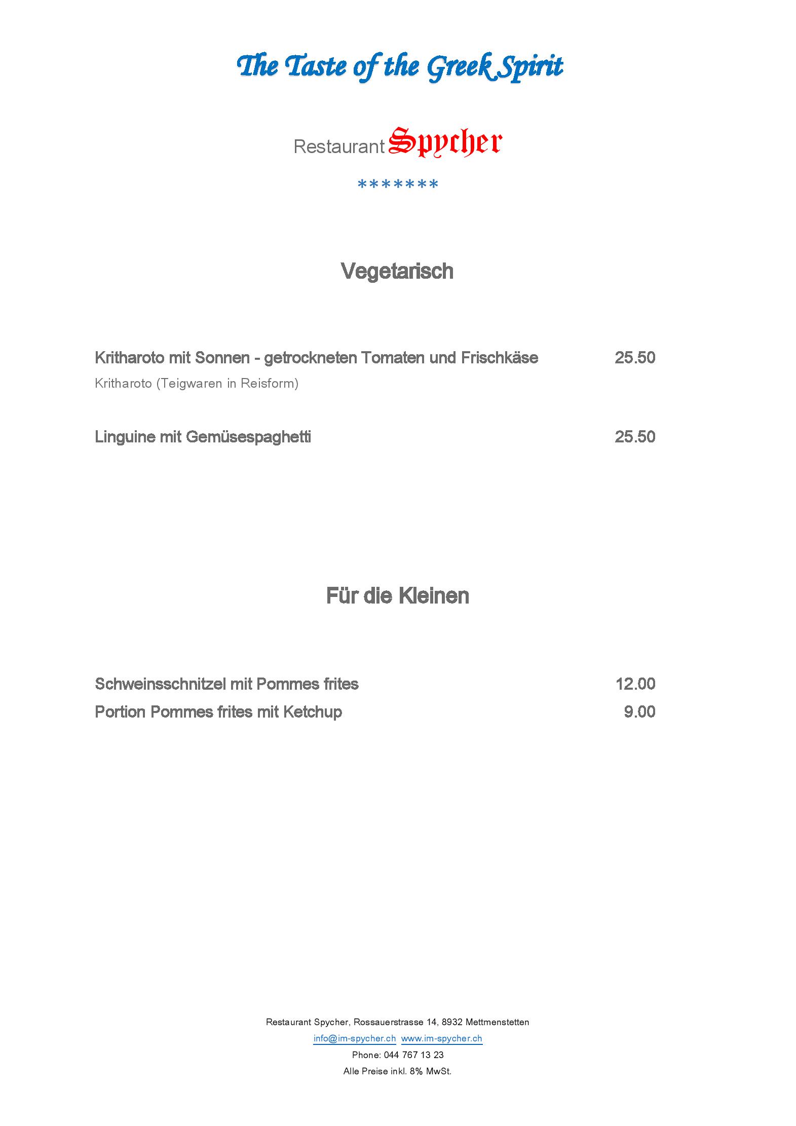 Speisekarte Restaurant Spycher in Mettmenstetten, Seite 5