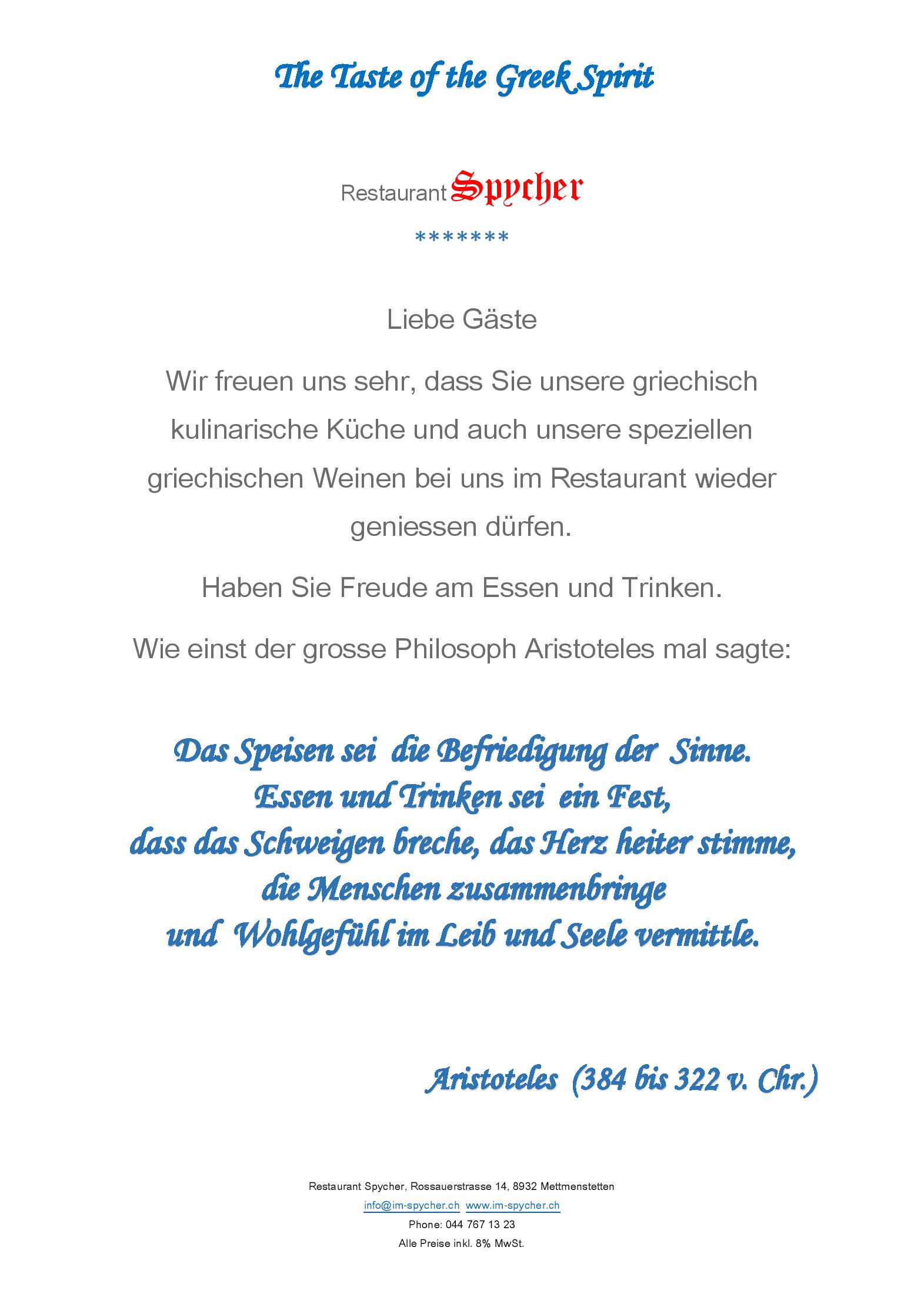 Speisekarte Restaurant Spycher in Mettmenstetten, Seite 2