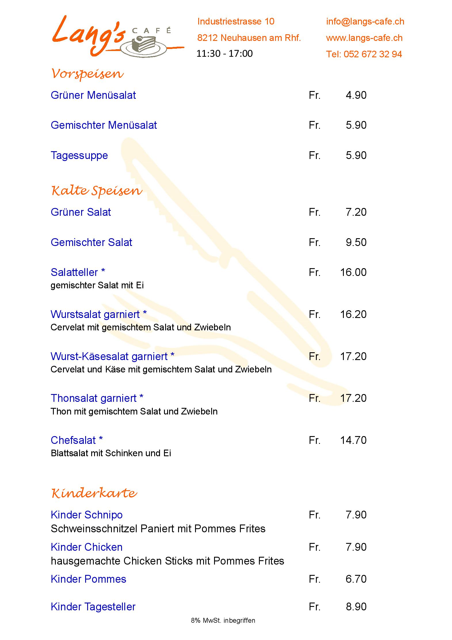 Speisekarte Lang's Café in Schaffhausen, Seite 1