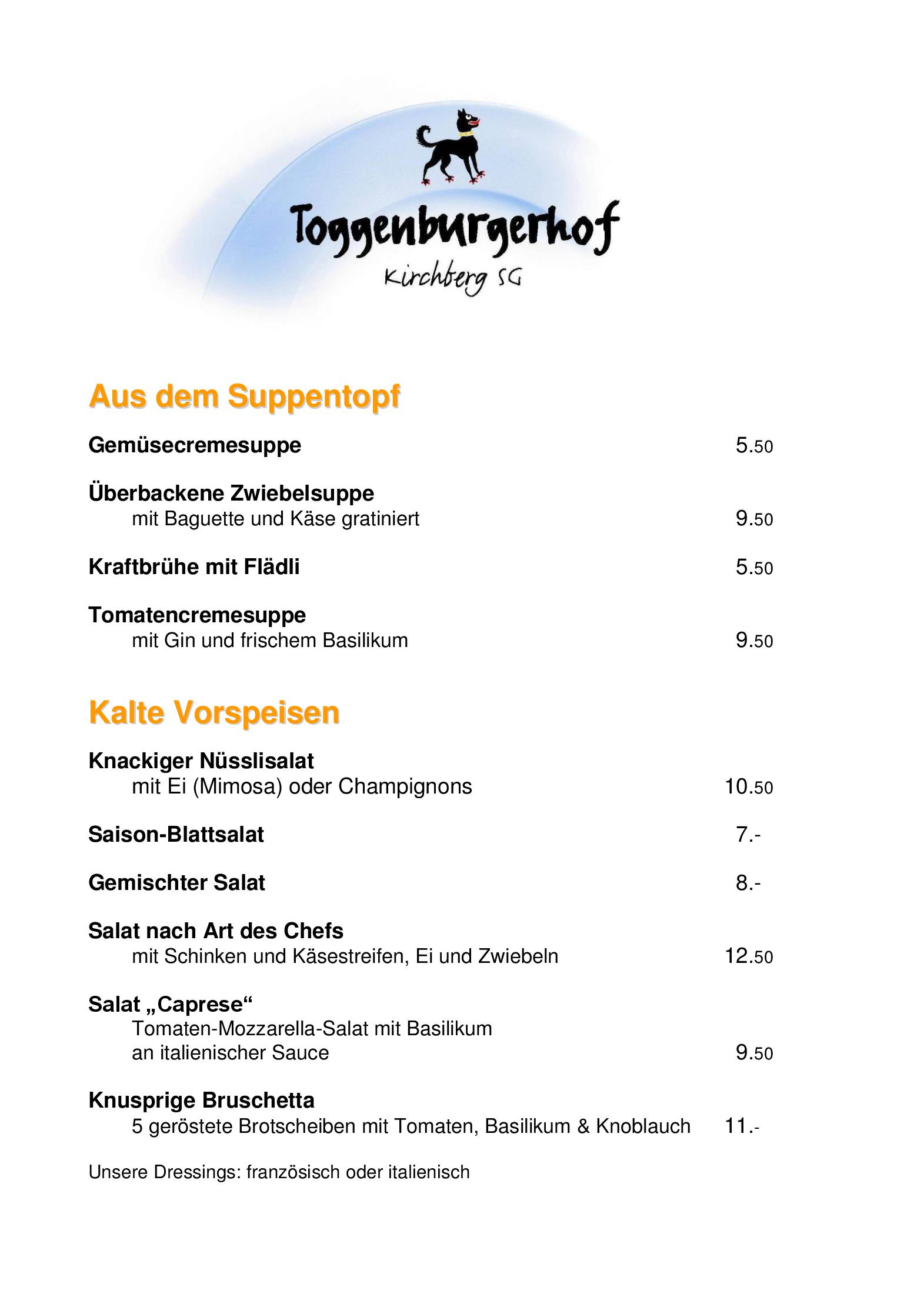 Speisekarte Restaurant Toggenburgerhof in Kirchberg, Seite 1