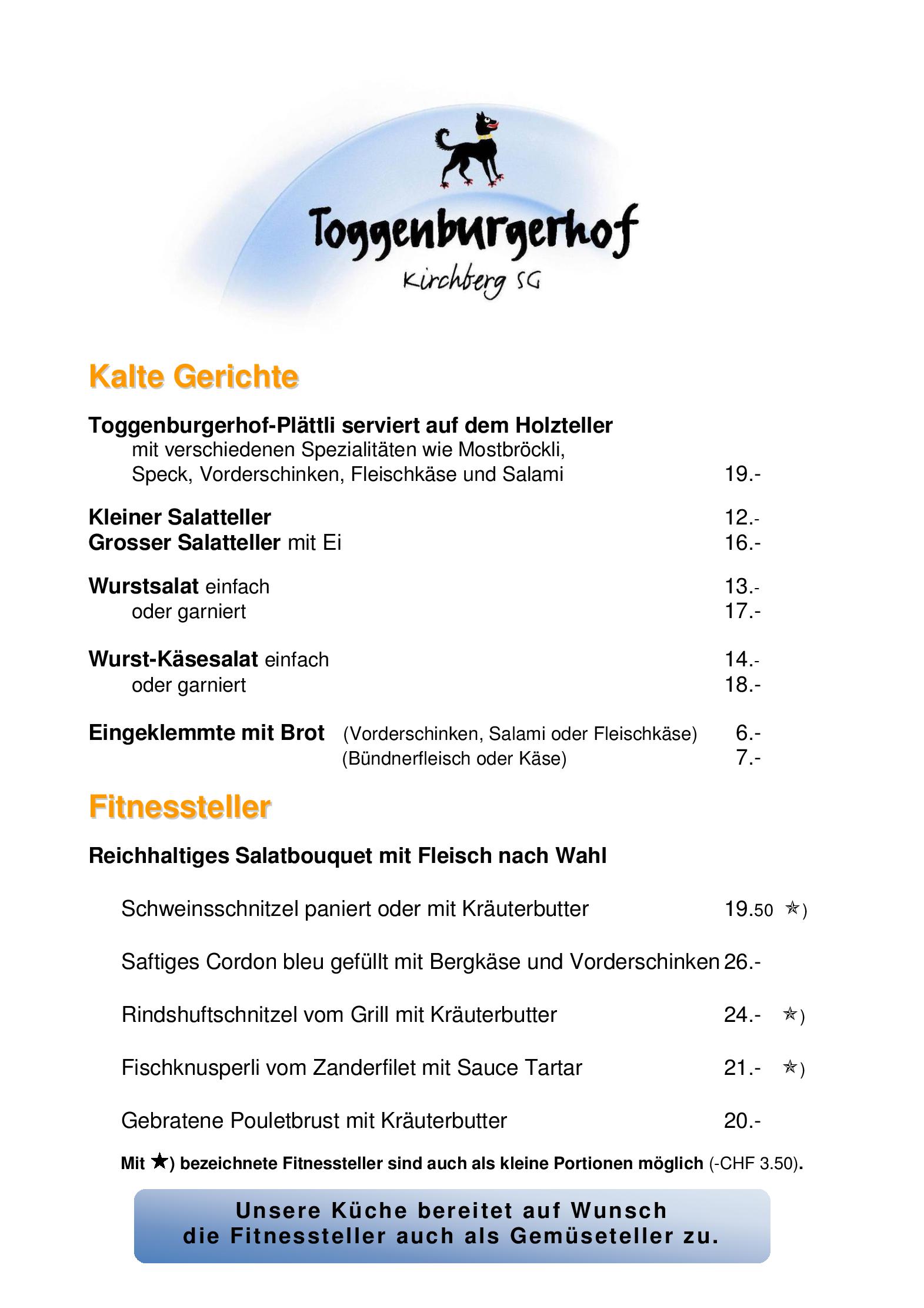 Speisekarte Restaurant Toggenburgerhof in Kirchberg, Seite 2