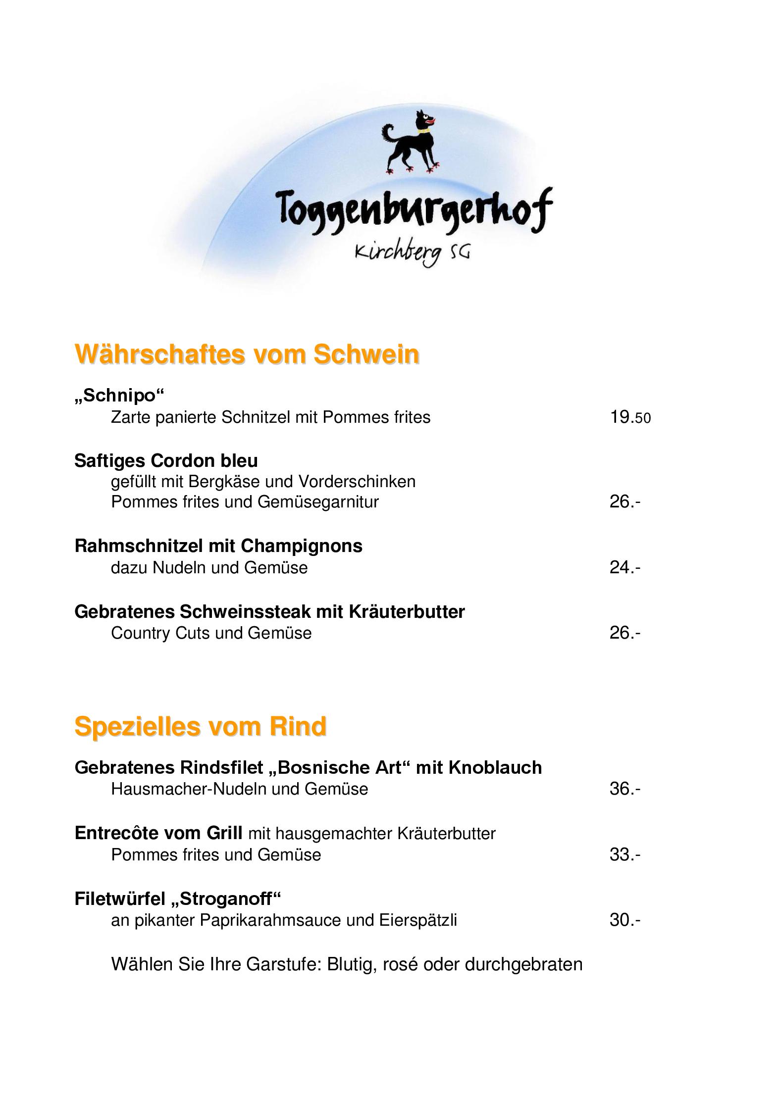 Speisekarte Restaurant Toggenburgerhof in Kirchberg, Seite 3