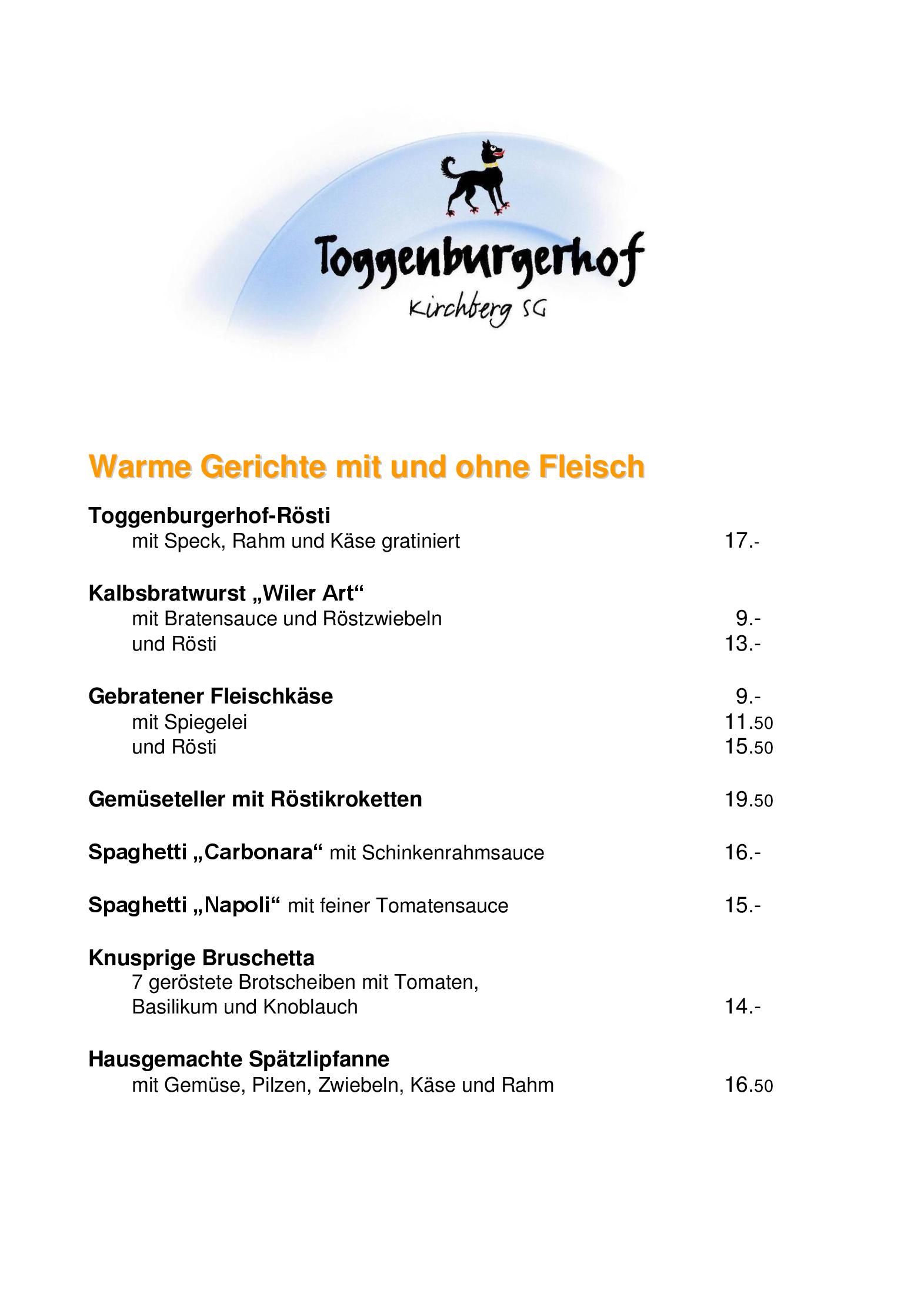Speisekarte Restaurant Toggenburgerhof in Kirchberg, Seite 5