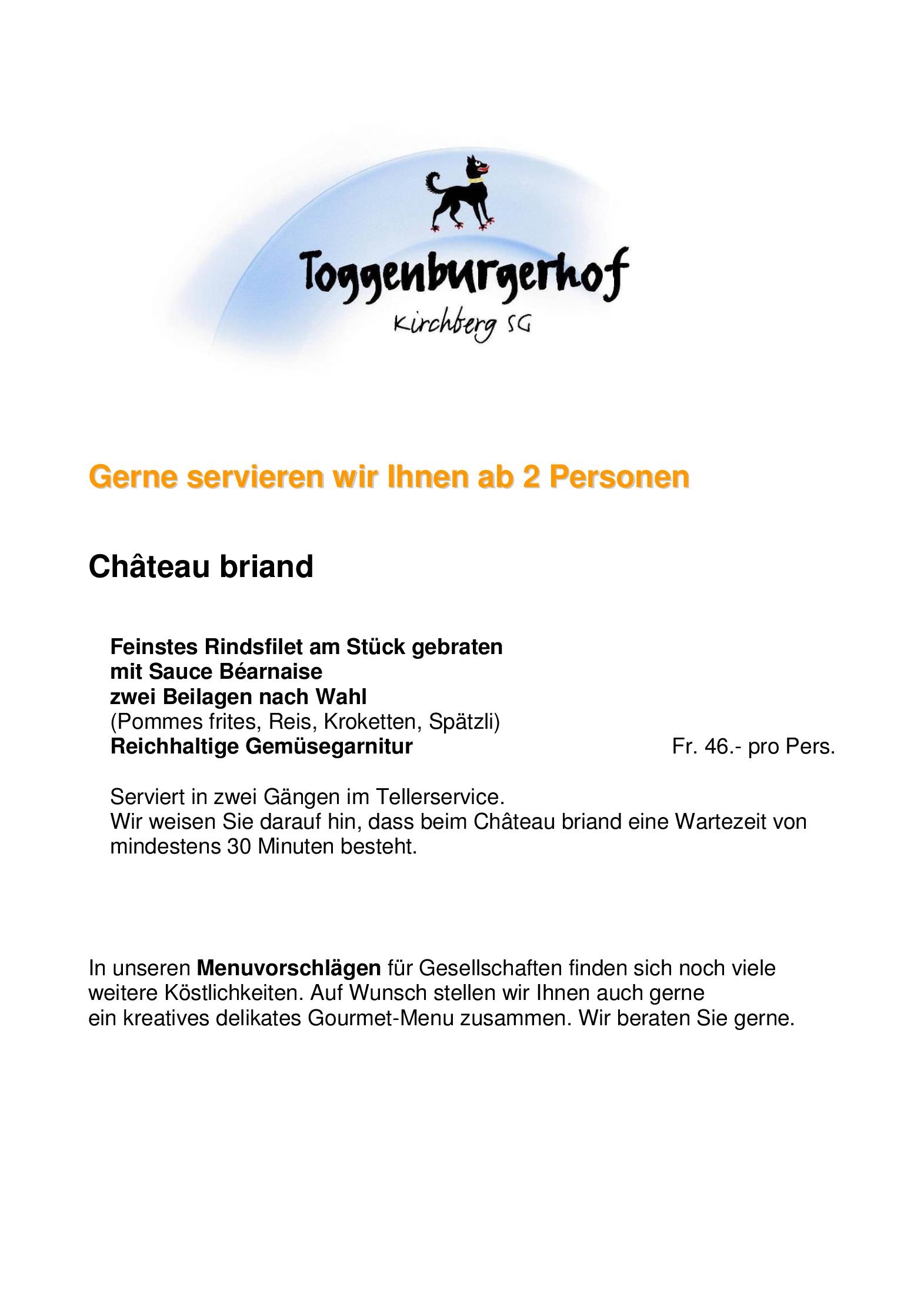 Speisekarte Restaurant Toggenburgerhof in Kirchberg, Seite 6