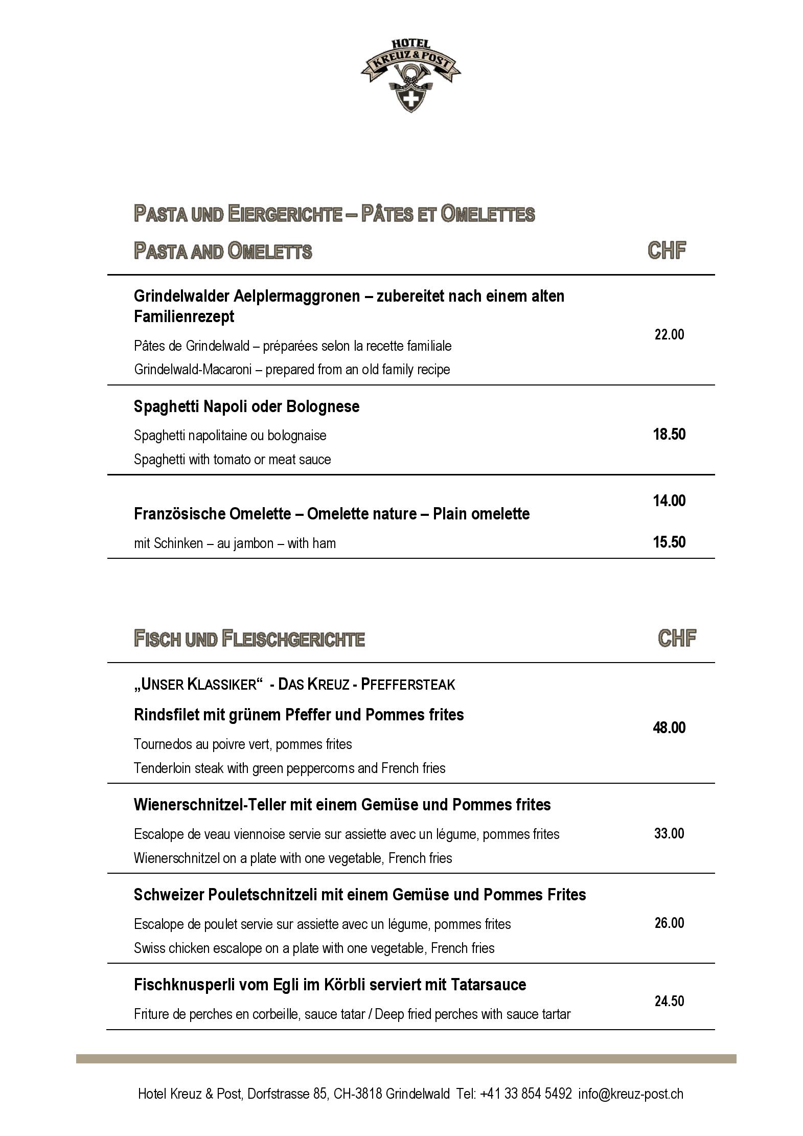 Speisekarte Kreuz und Post in Grindelwald, Seite 3