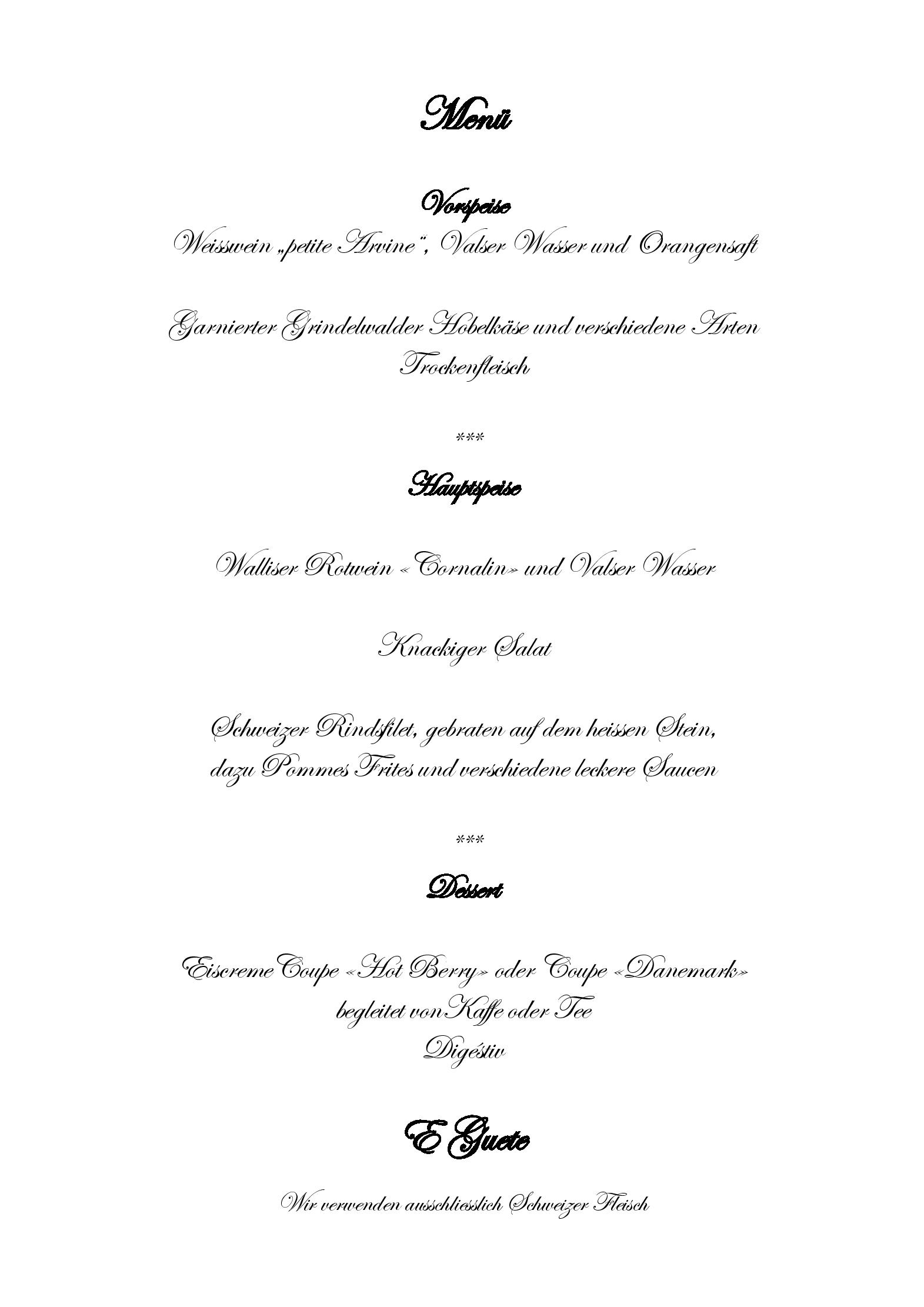 Speisekarte Candlelight-Dinner Pfingsteggbahn in Grindelwald, Seite 1