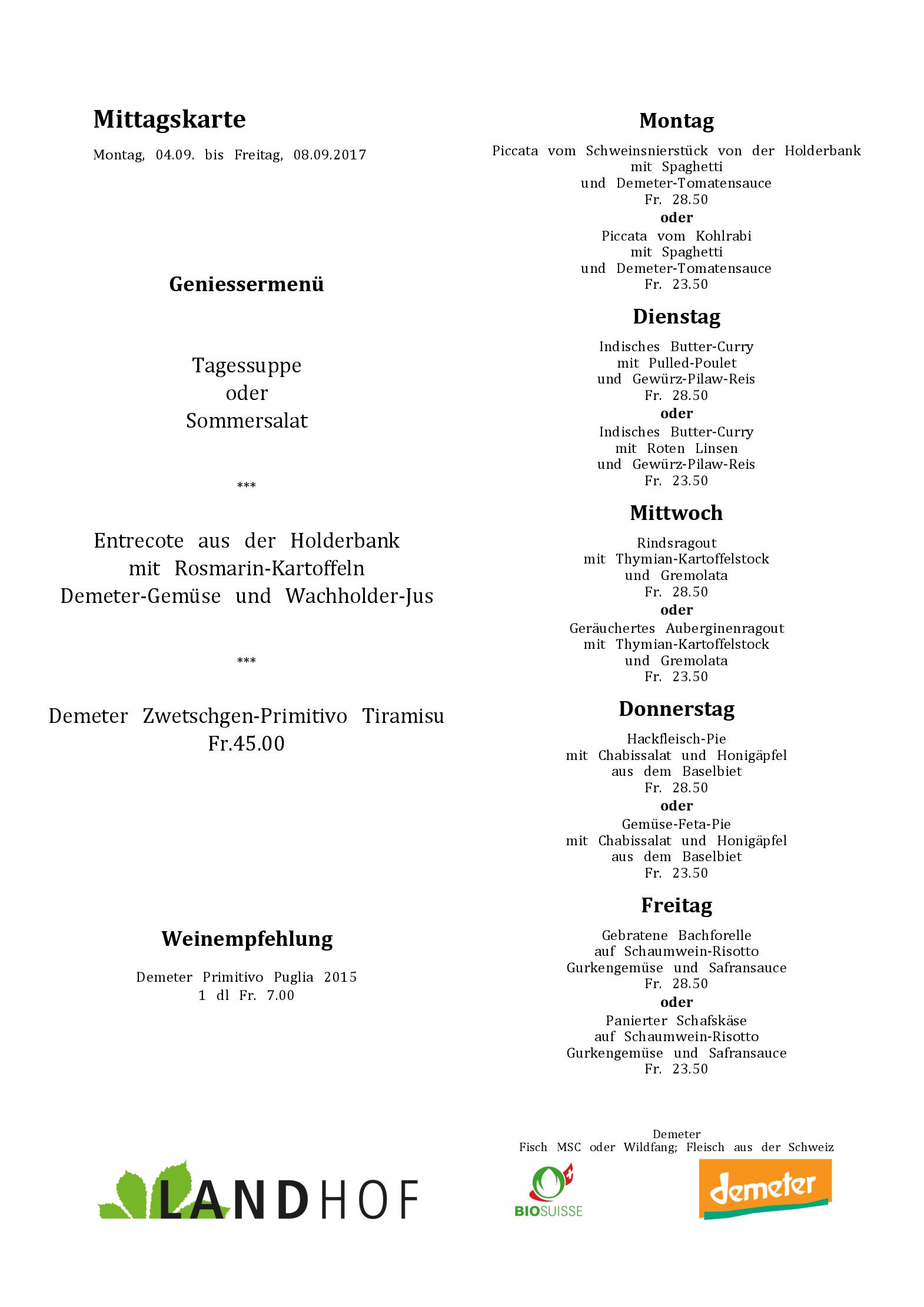 Speisekarte Bio Restaurant Landhof in Pratteln, Seite 1