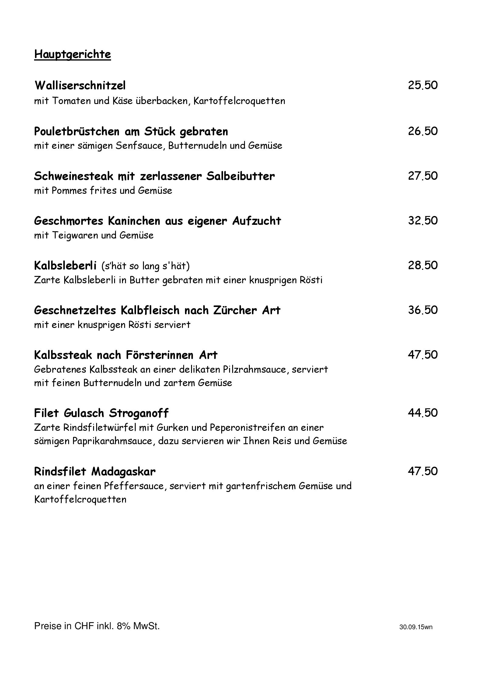 Speisekarte Hotel Restaurant Hirschen in Ramsen, Seite 1