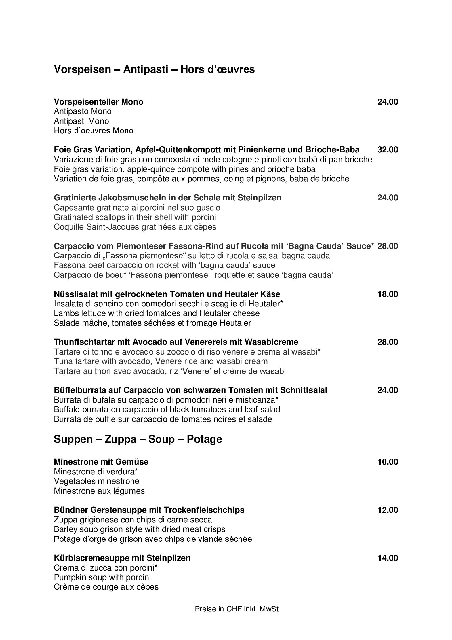 Speisekarte Mono - Monopol in St. Moritz, Seite 1