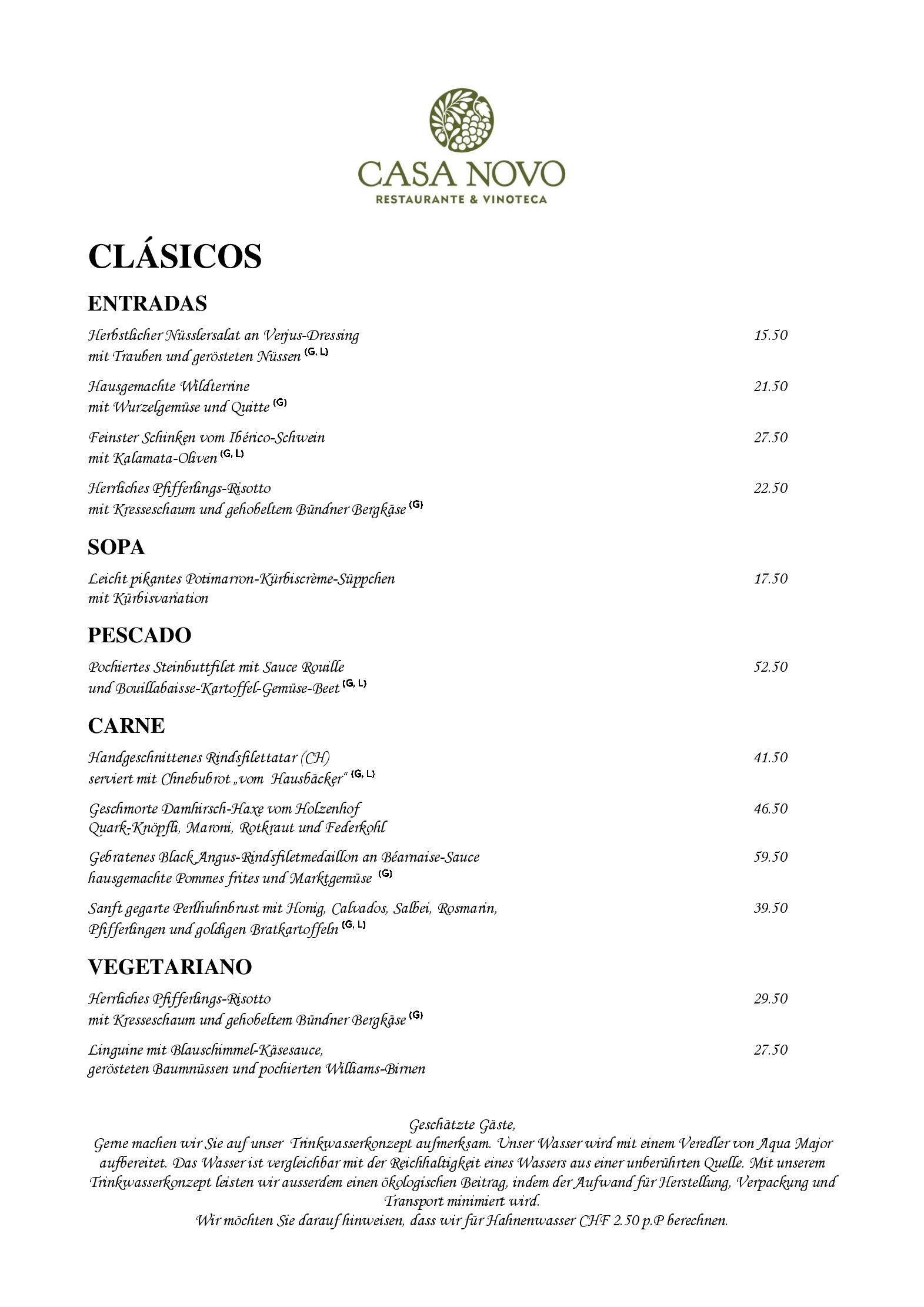 Speisekarte Casa Novo Restaurante & Vinoteca in Bern, Seite 1