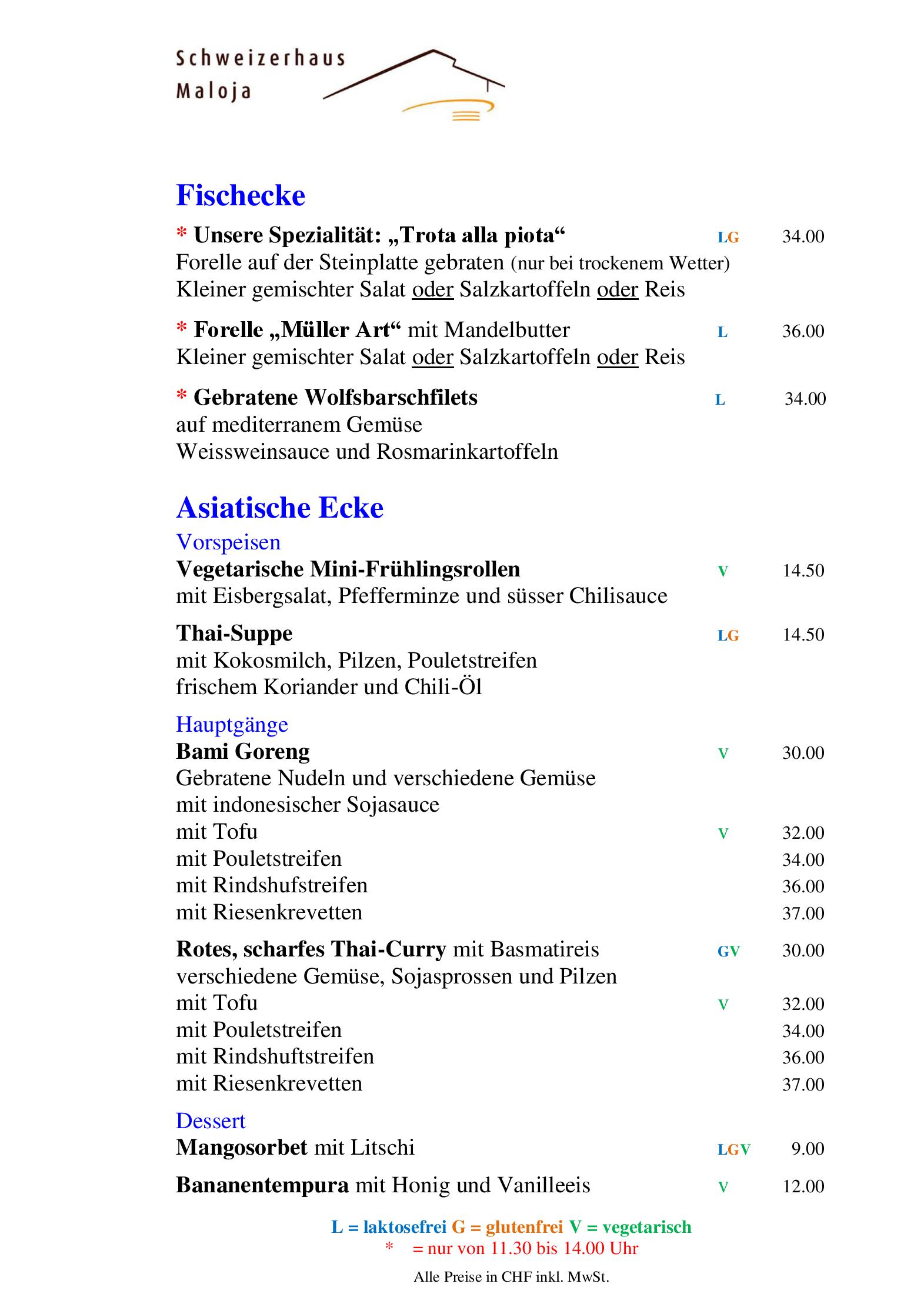 Speisekarte Hotel Schweizerhaus in Maloja CH, Seite 1