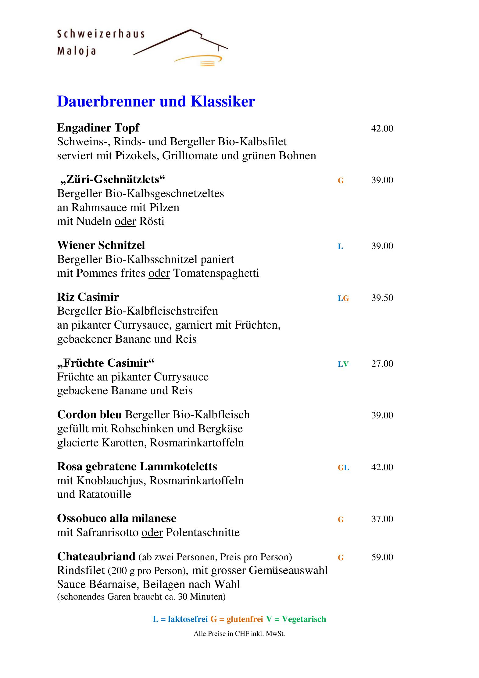 Speisekarte Hotel Schweizerhaus in Maloja CH, Seite 11