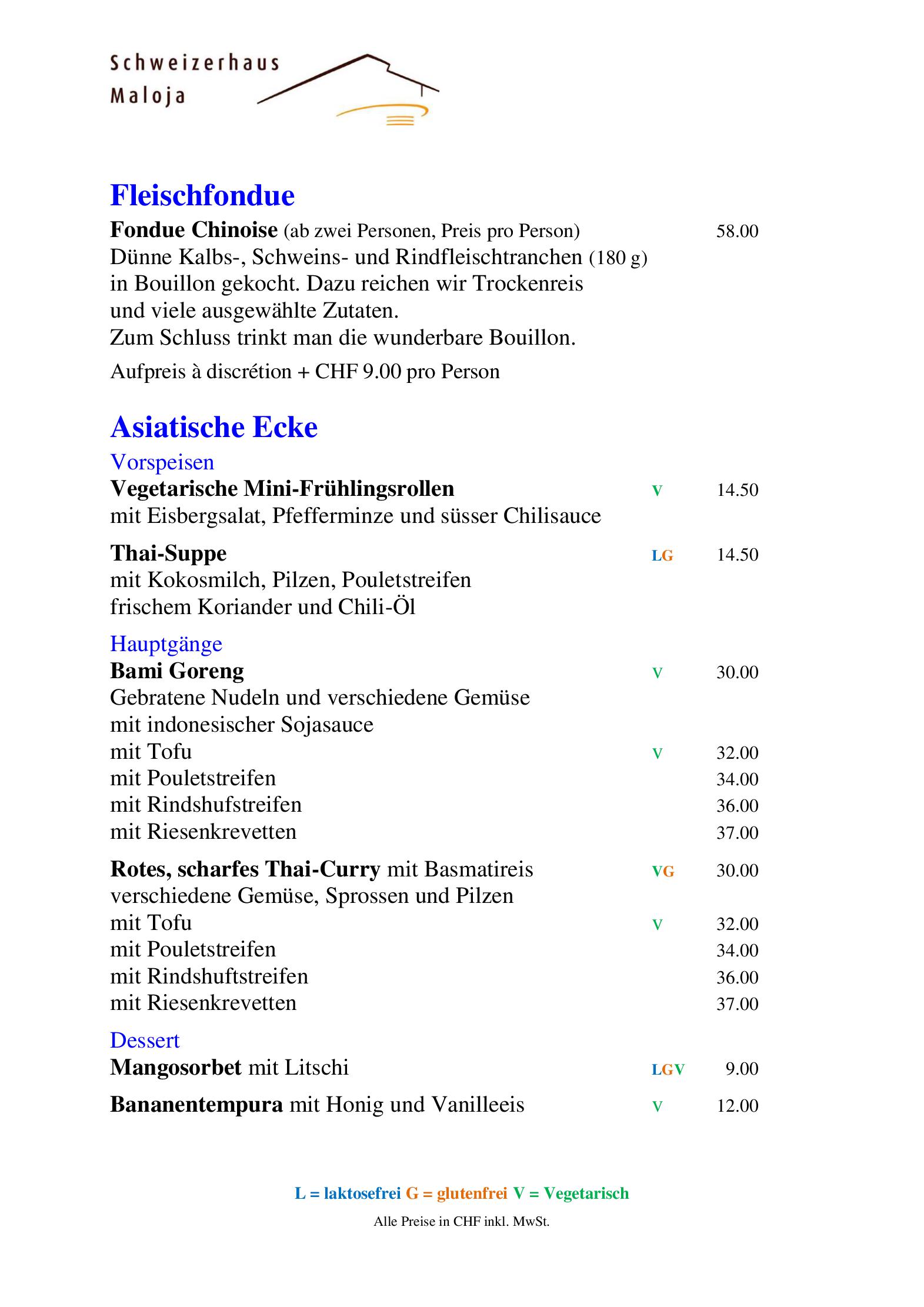 Speisekarte Hotel Schweizerhaus in Maloja CH, Seite 12