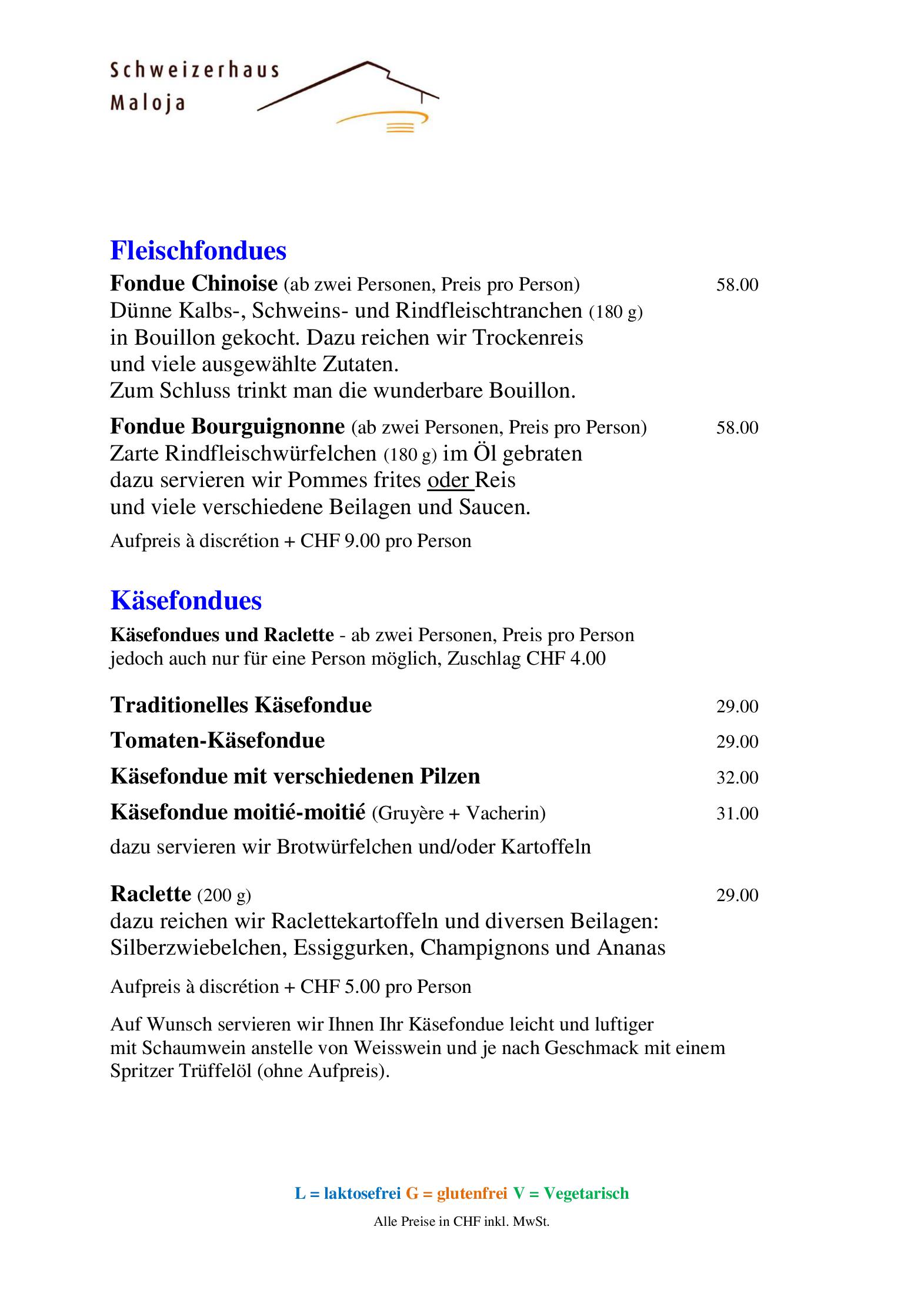 Speisekarte Hotel Schweizerhaus in Maloja CH, Seite 13